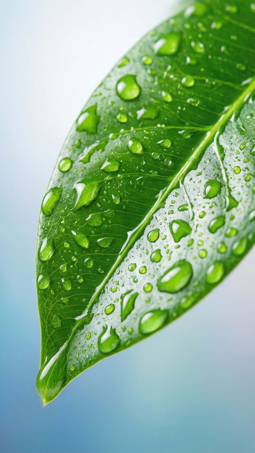 Frutiger Aero, glossy green leaf, water droplets, Full HD Phone Wallpaper