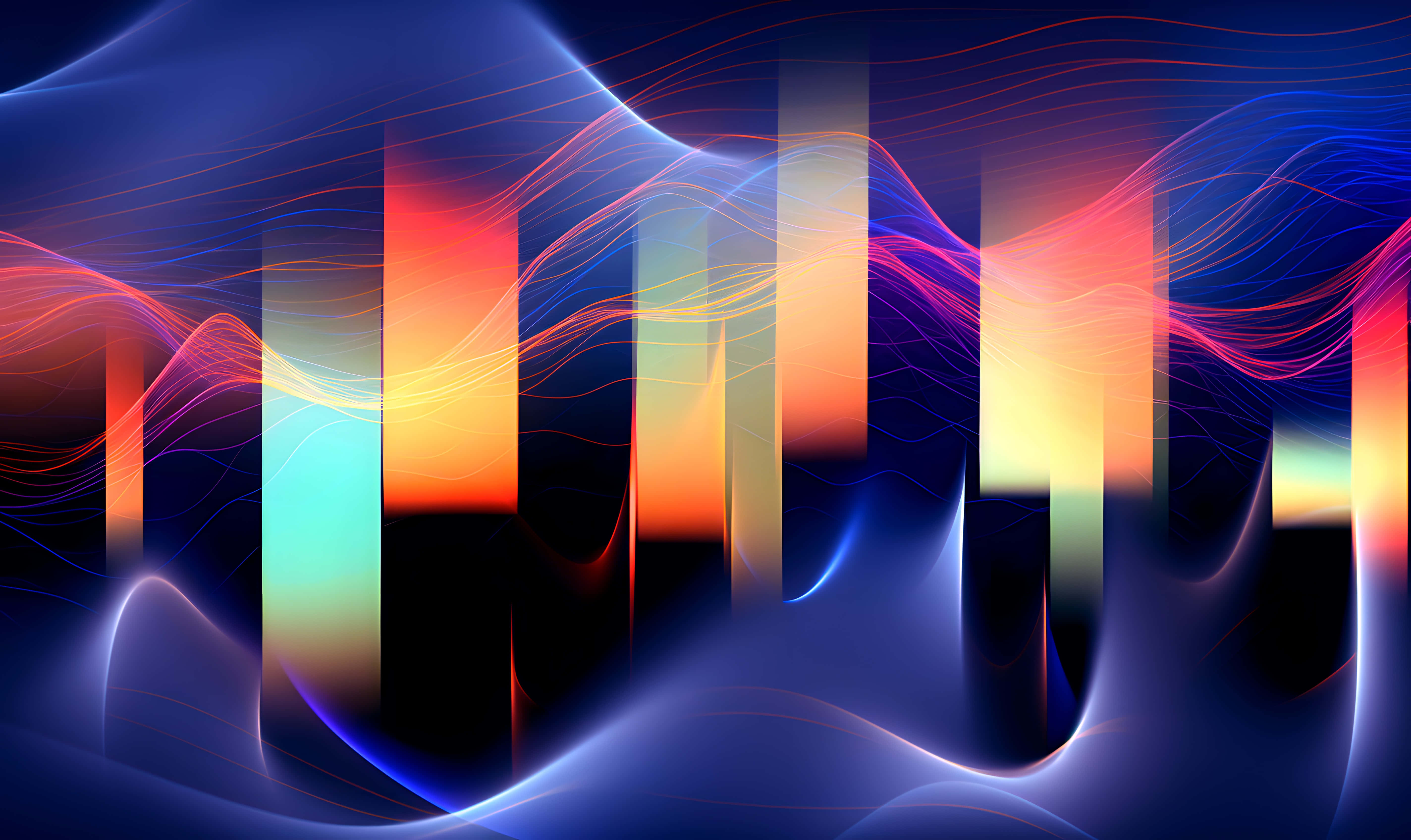 neon waves, glowing vertical bars, digital abstract composition, 5K Desktop Wallpaper