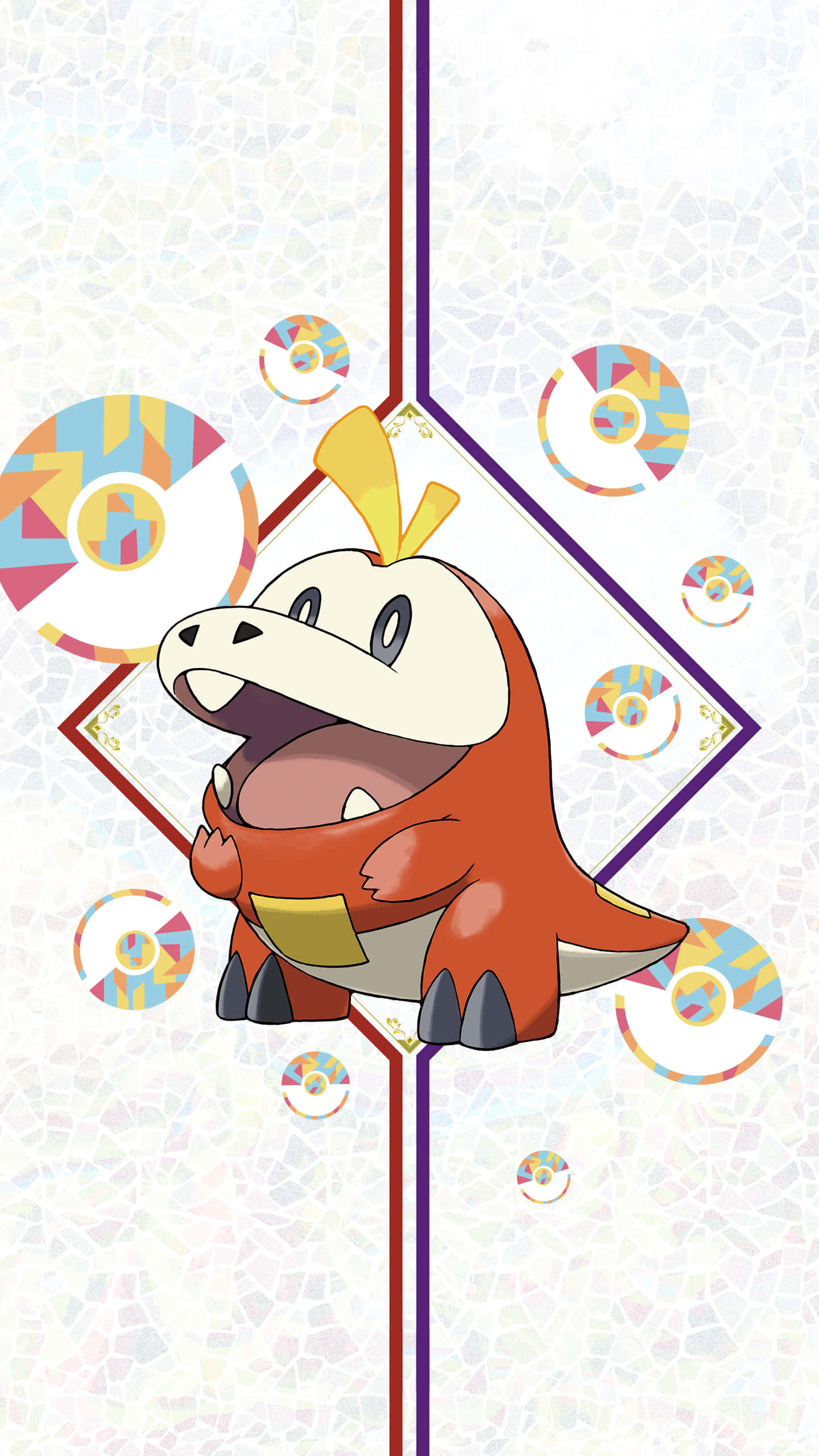 Fuecoco, colorful Pokeballs, yellow horn, 2K Phone Wallpaper