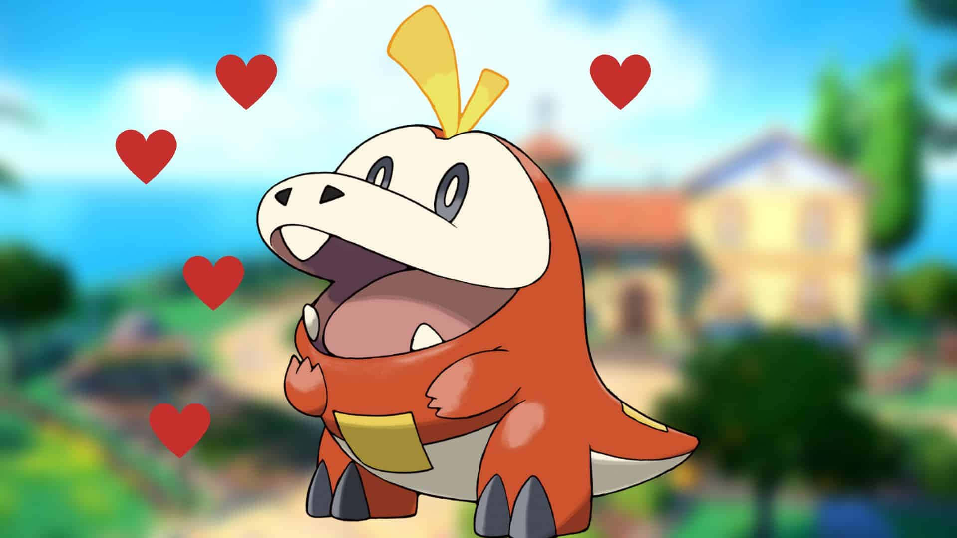 Fuecoco, red hearts, orange dinosaur-like Pokémon, Full HD Desktop Wallpaper
