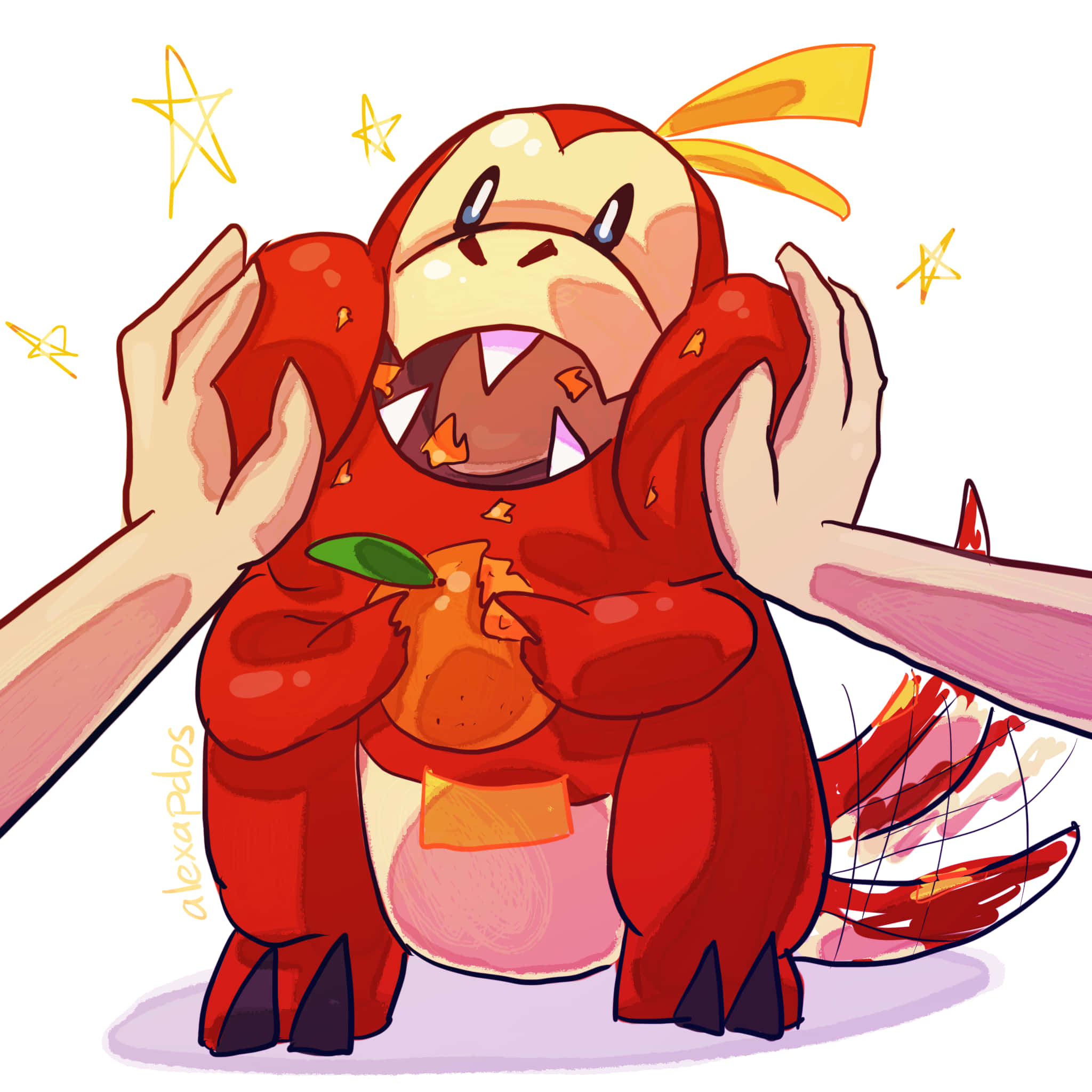Fuecoco, red cartoon dragon, yellow horns, Full HD Desktop Wallpaper