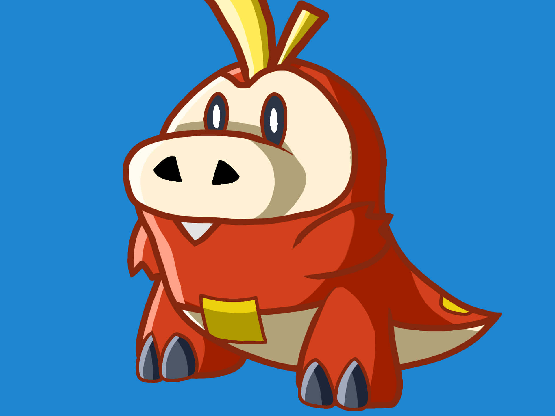 Fuecoco, red cartoon dinosaur, yellow horns, Full HD Desktop Wallpaper
