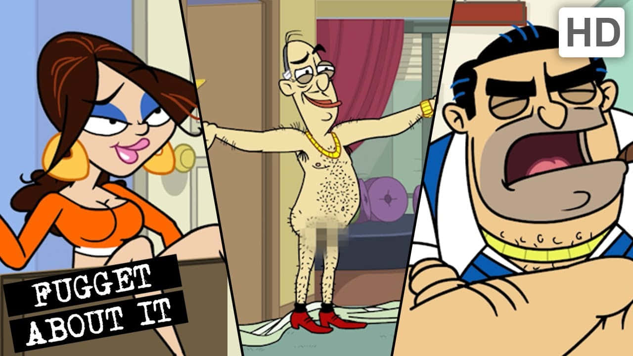 Fugget About It, smirking woman, naked man with glasses and red shoes, HD Desktop Wallpaper