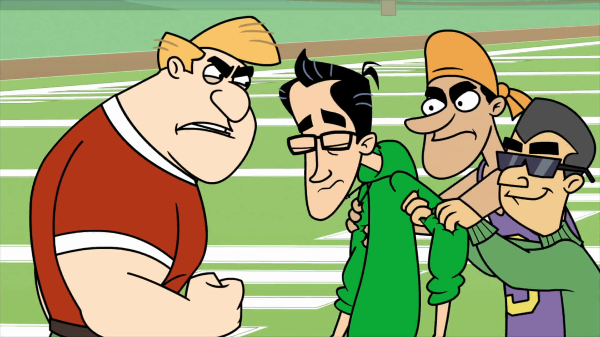 Fugget About It, fight scene, green football field, Full HD Desktop Wallpaper