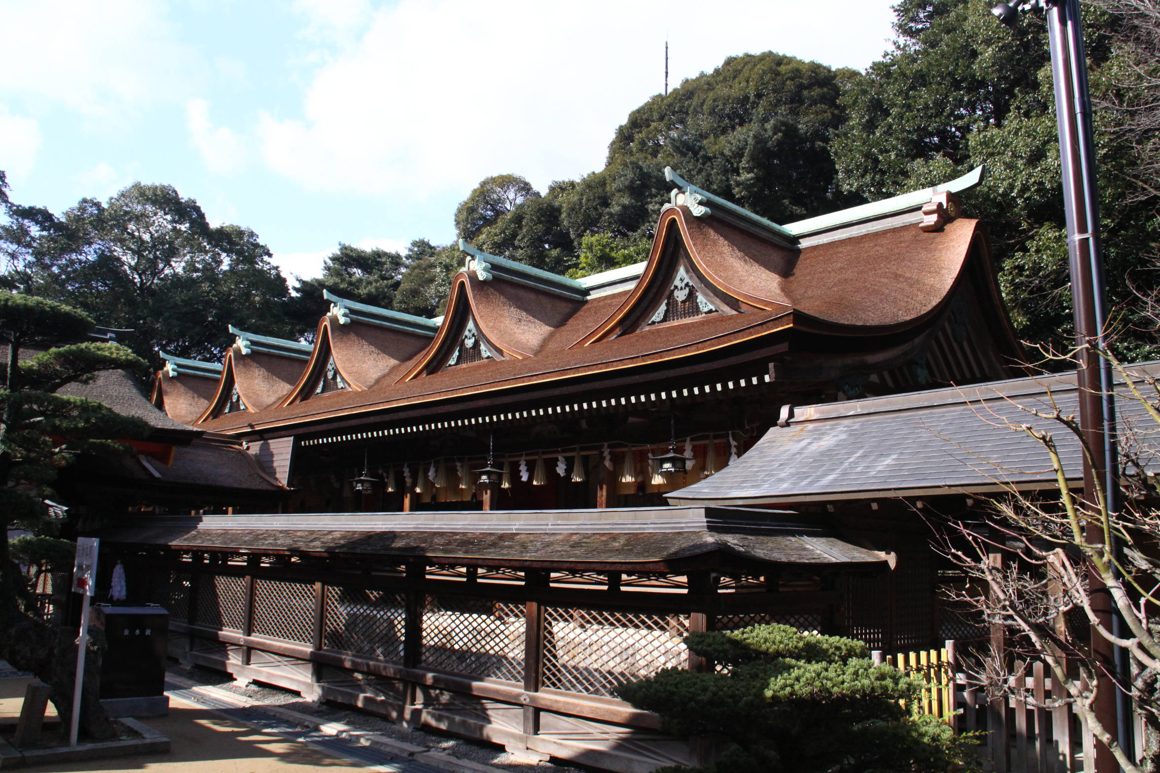Fukuoka, traditional Japanese shrine, curved brown roofs, Full HD Desktop Wallpaper