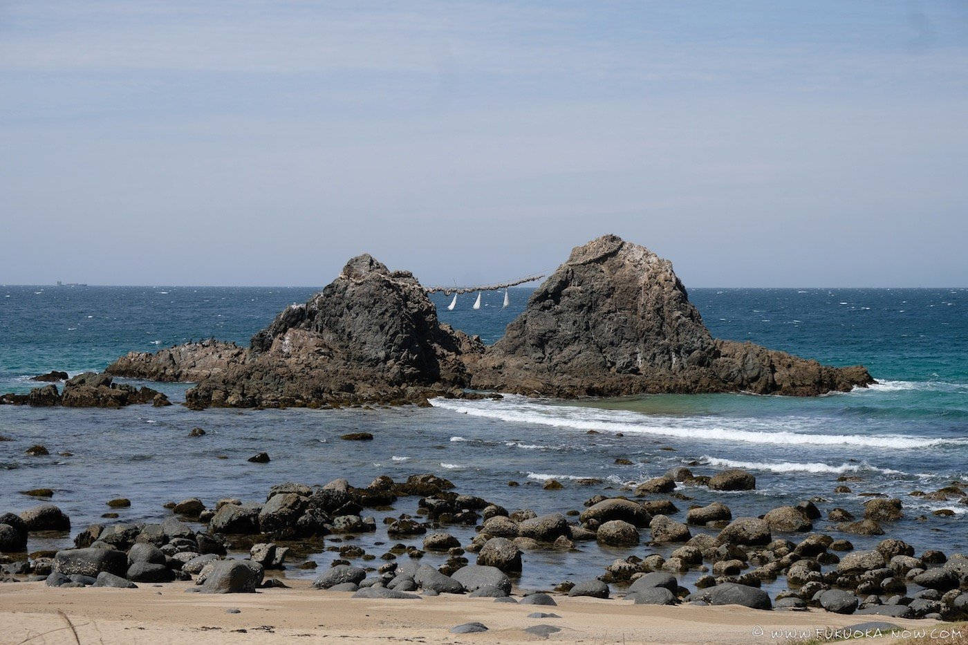 Fukuoka, rocky seashore, rope bridge, HD Desktop Wallpaper