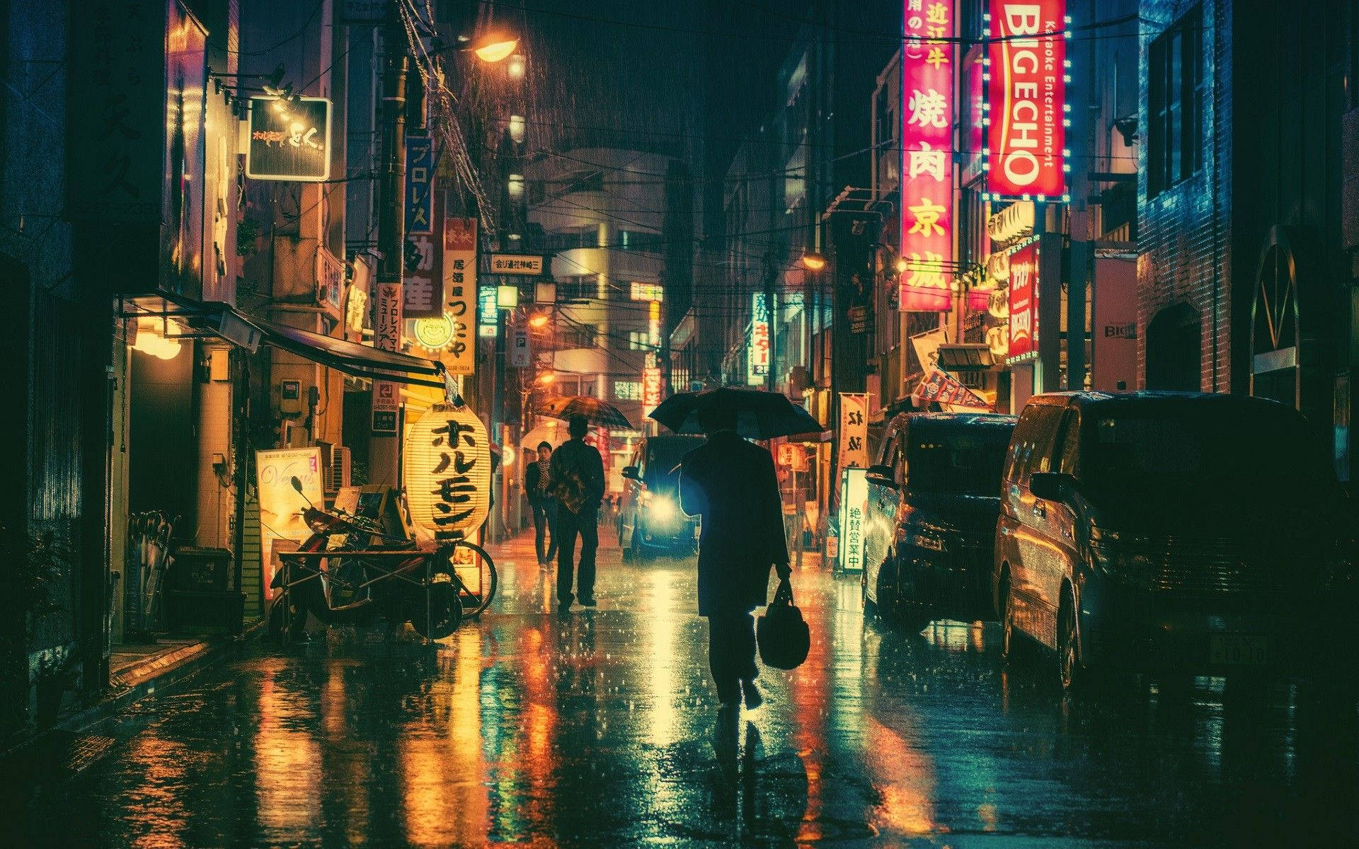 Fukuoka, neon-lit rain-slicked Japanese alley, night, Full HD Desktop Wallpaper