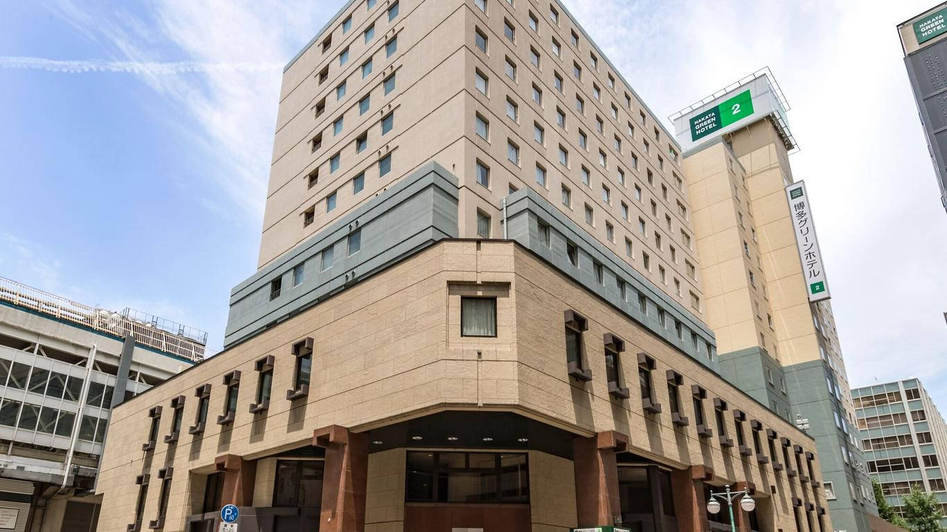Fukuoka, modern beige hotel building, green signage, HD Desktop Wallpaper