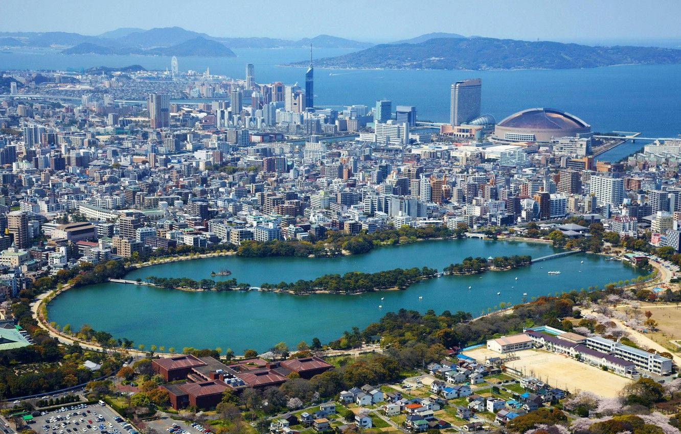 Fukuoka, vast viewpoint, turquoise lake, HD Desktop Wallpaper