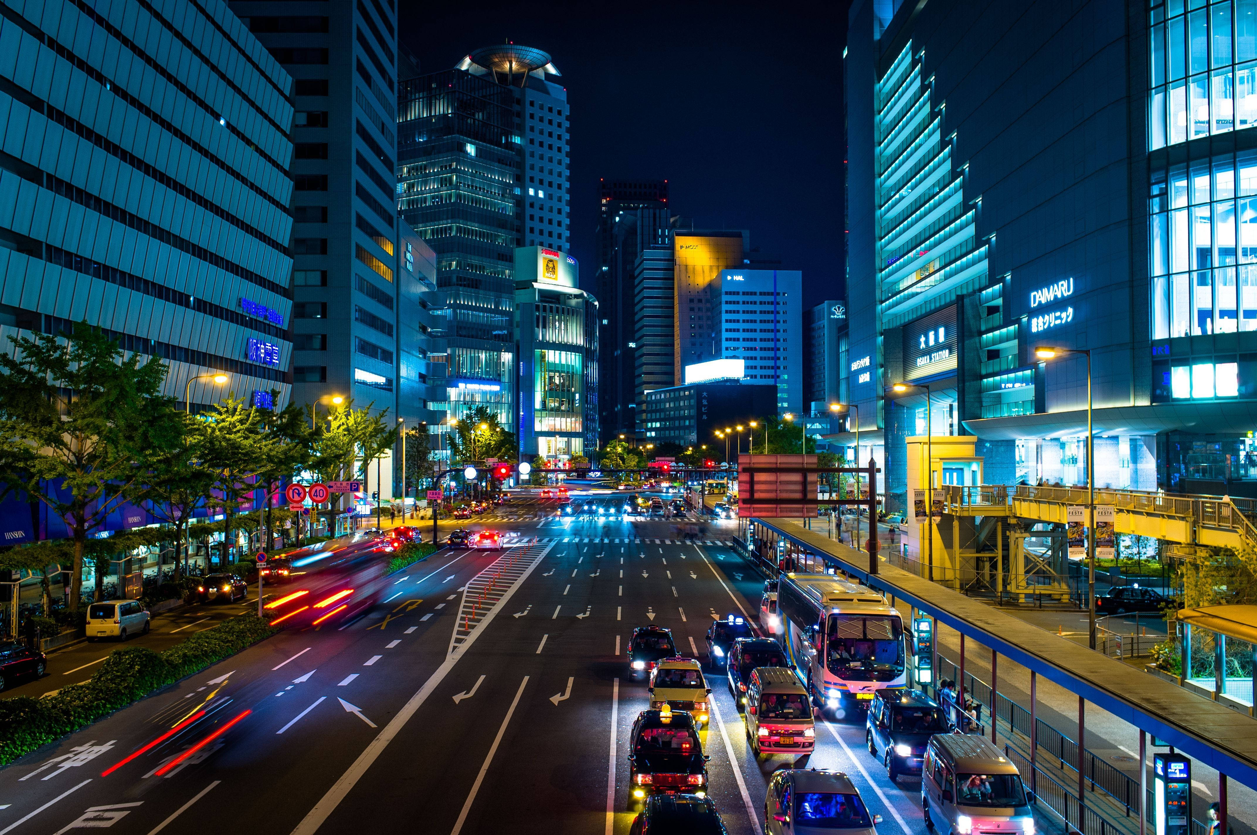 Fukuoka, night cityscape, glowing skyscrapers, 4K Desktop Wallpaper
