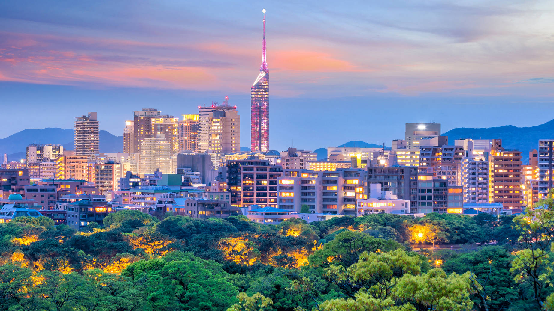 Fukuoka, city skyline, dusk, HD Desktop Wallpaper
