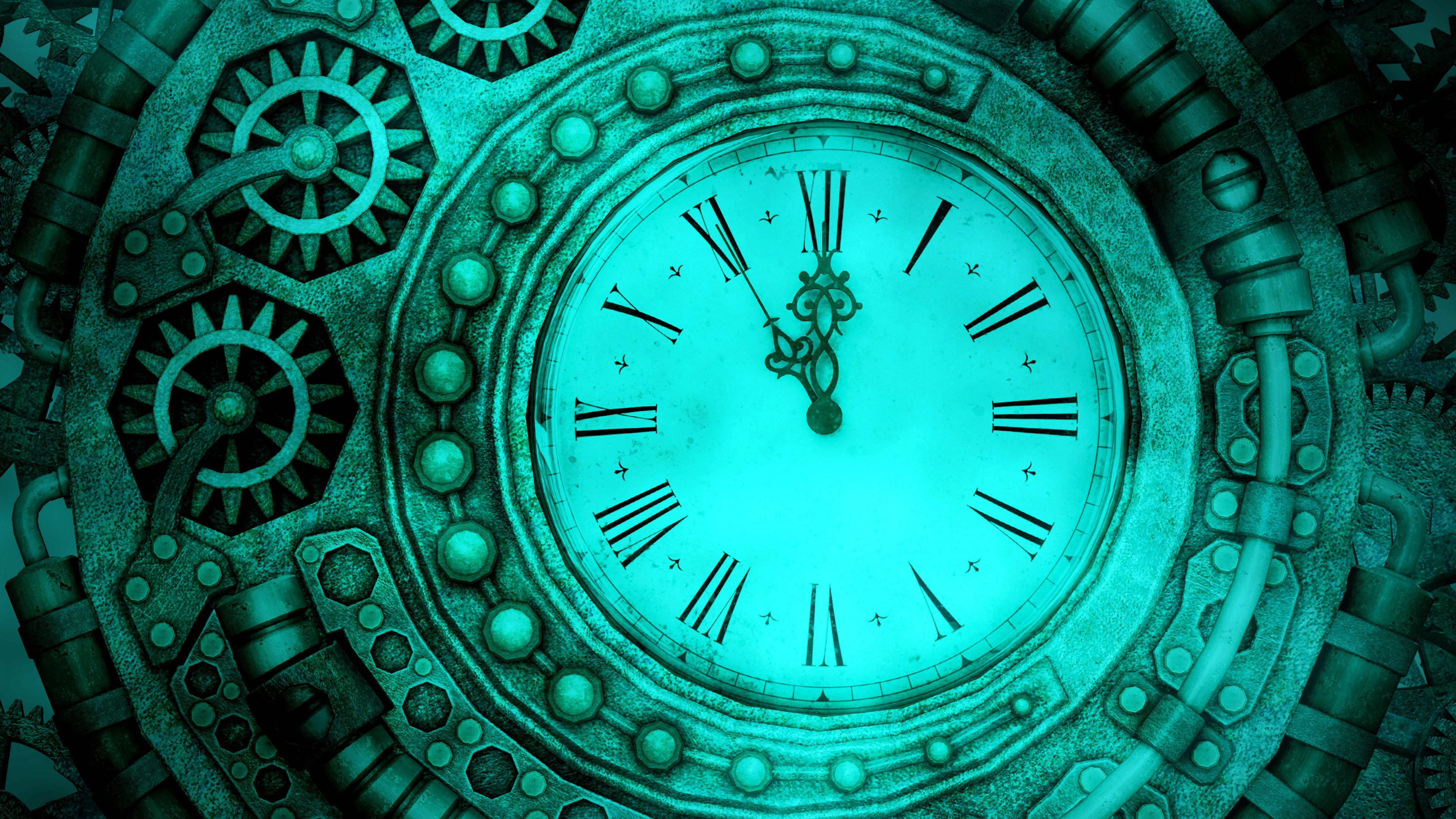 Full 4K Steampunk, blue clock, glowing teal, 4K Desktop Wallpaper