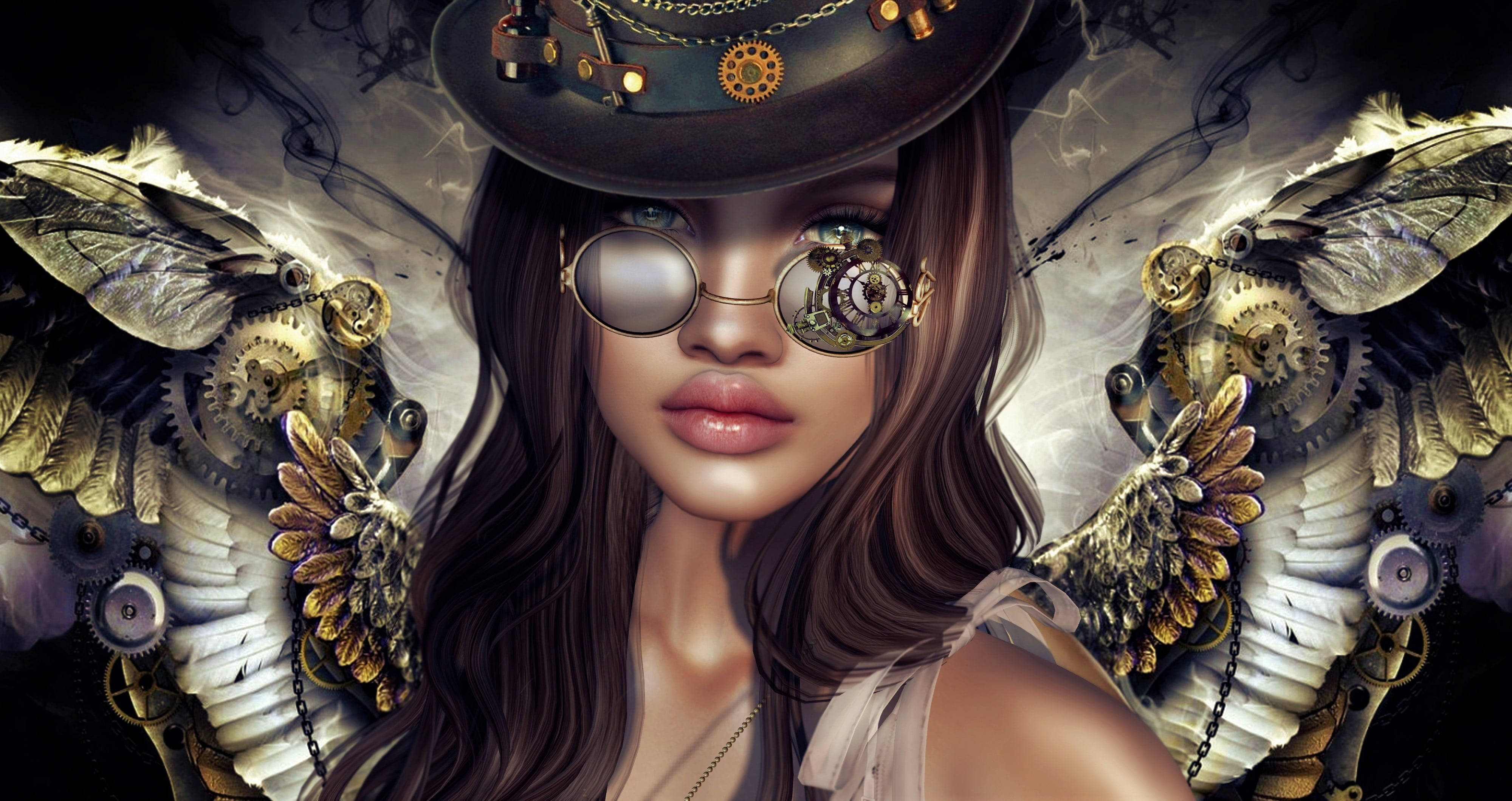 steampunk woman, mechanical wings, goggles, 4K Desktop Wallpaper