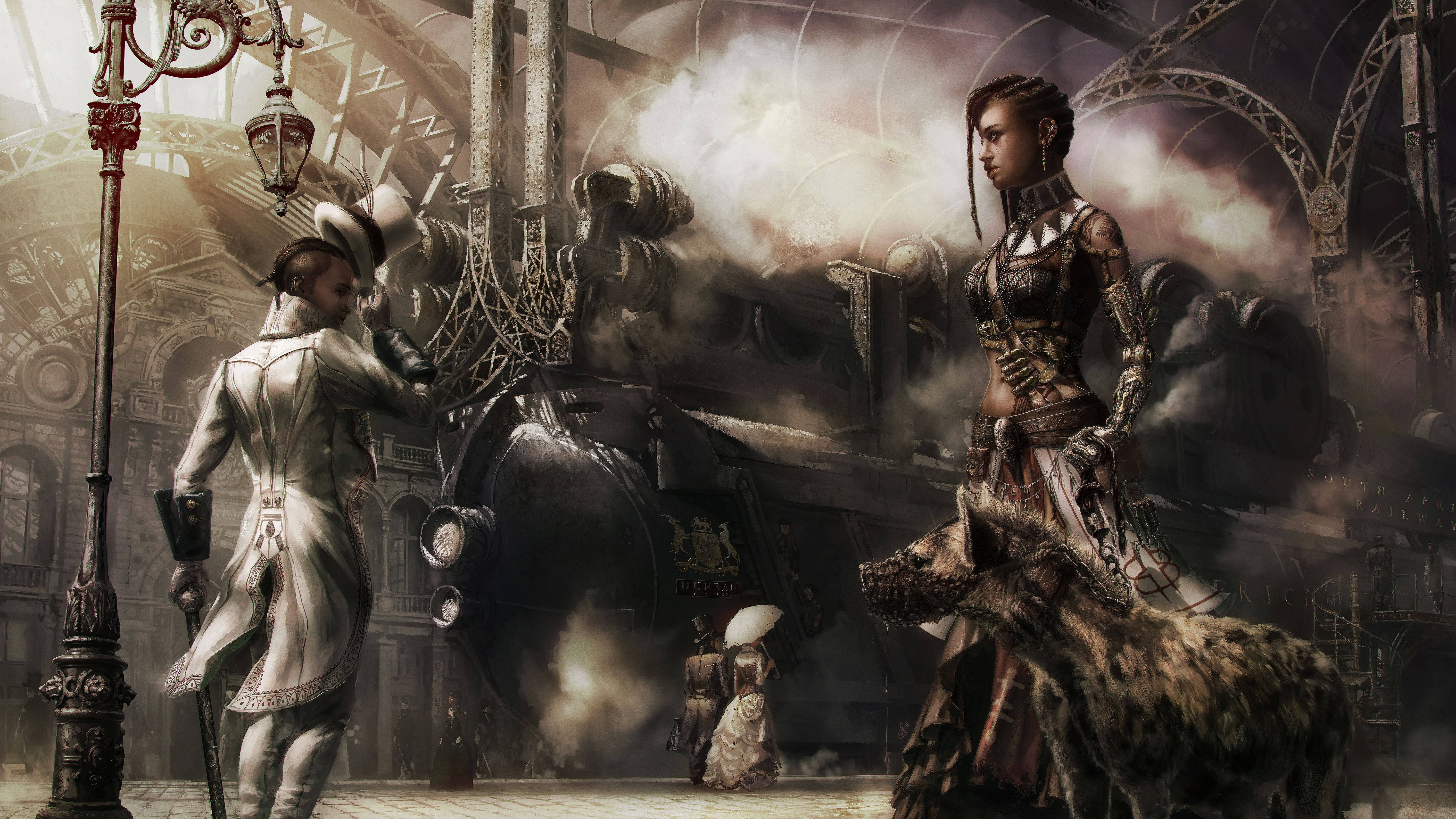 steampunk train station, mechanical limbs, white coat, 5K Desktop Wallpaper