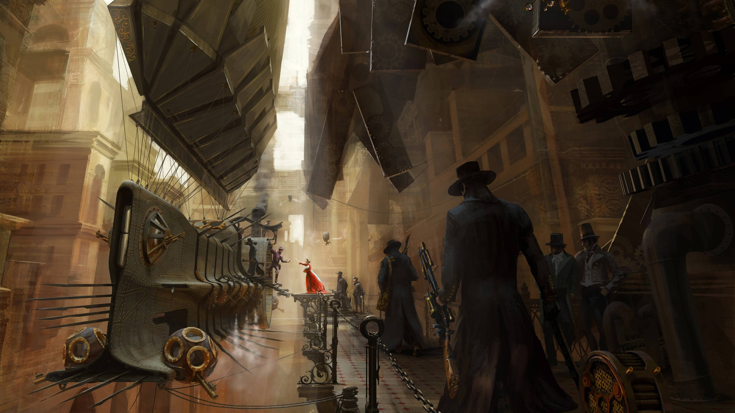 Full 4K Steampunk, steampunk cityscape, towering mechanical airships, 2K Desktop Wallpaper