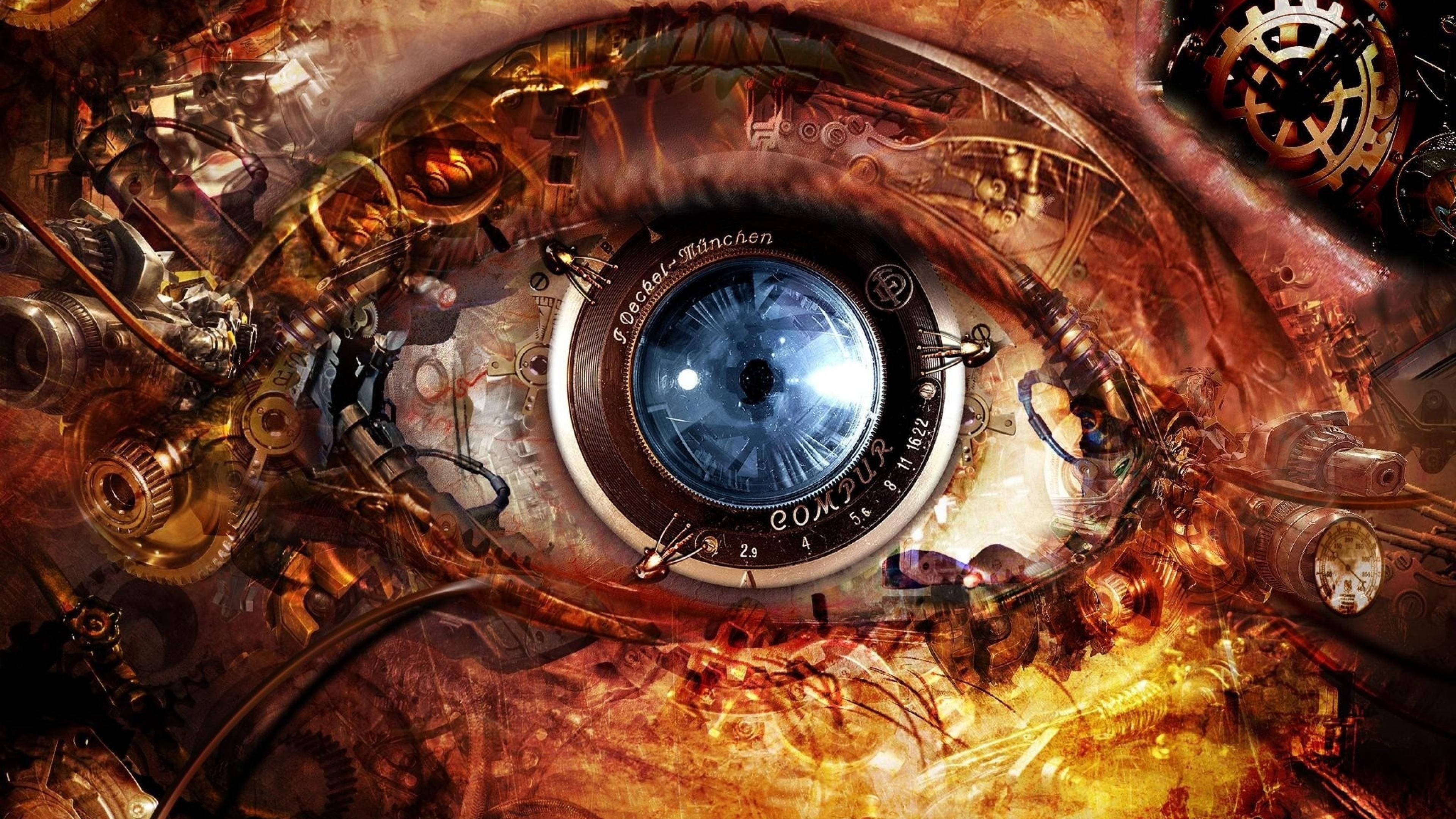 steampunk eye, brass gears, pipes, 4K Desktop Wallpaper