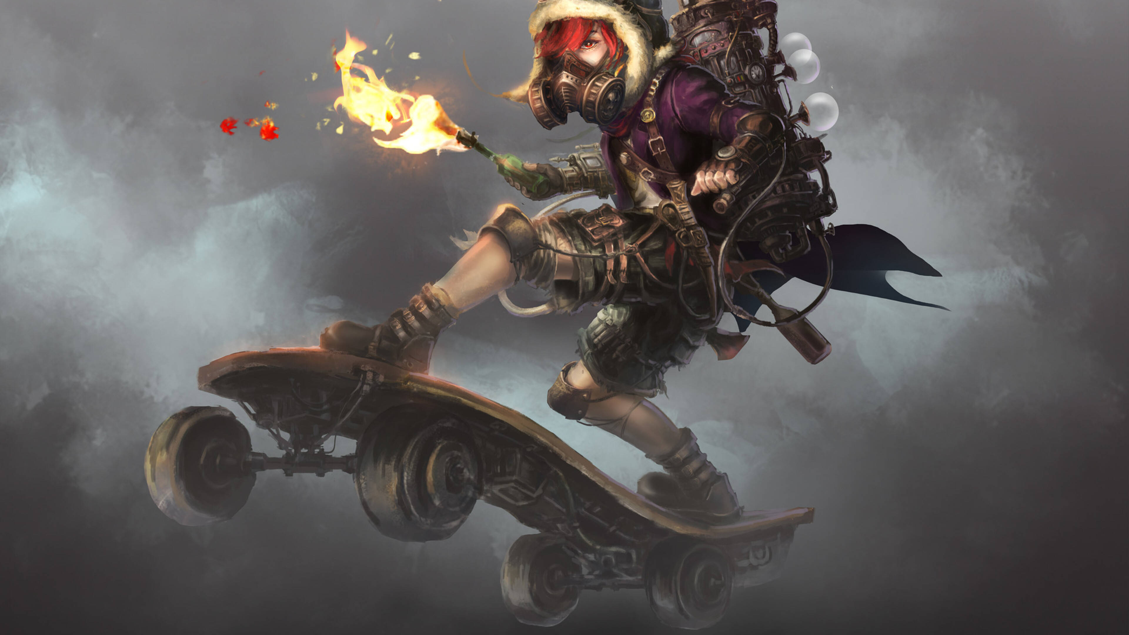 steampunk warrior, red hair, gas mask, 4K Desktop Wallpaper