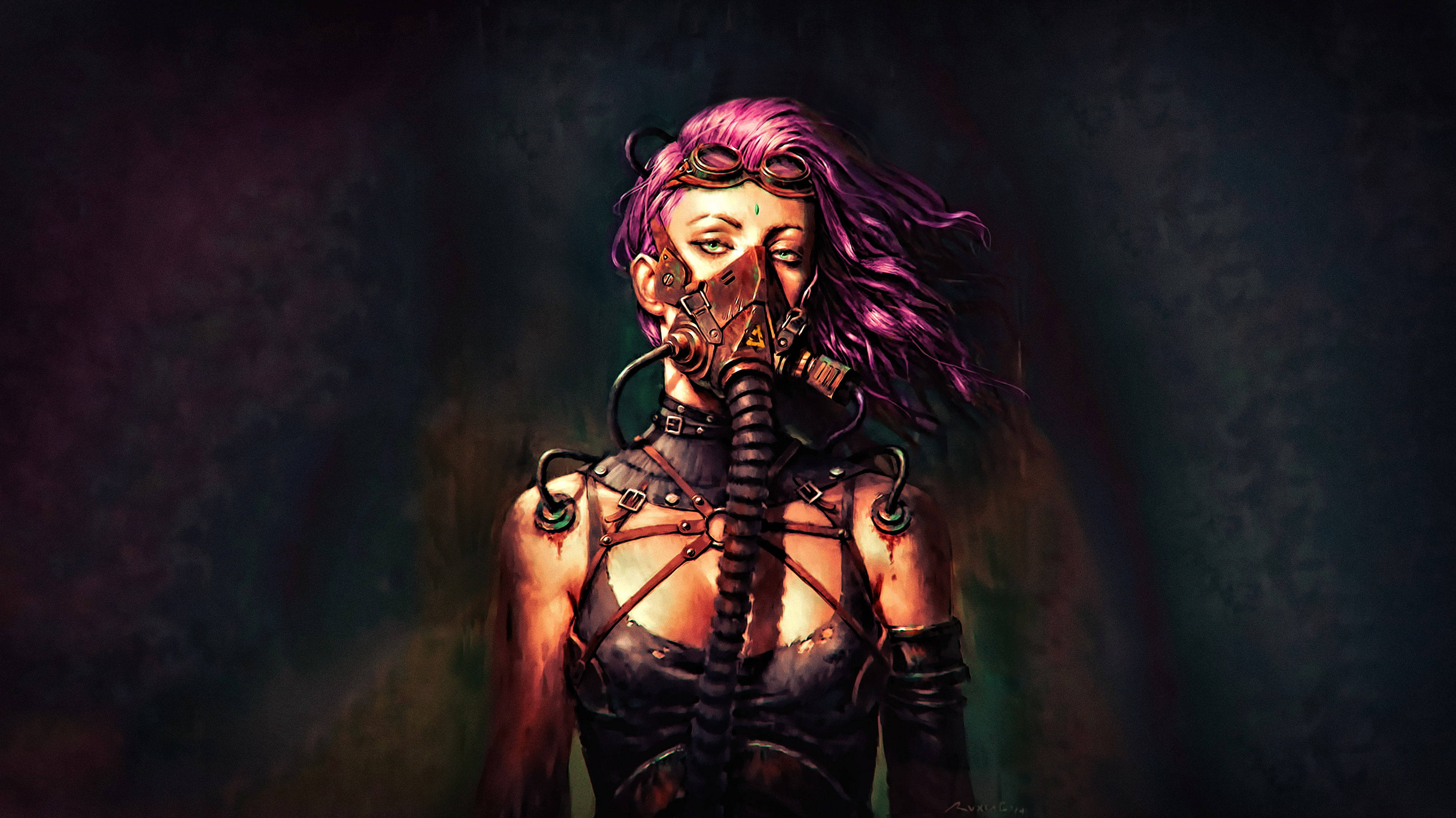 Full 4K Steampunk, masked woman, purple hair, 4K Desktop Wallpaper