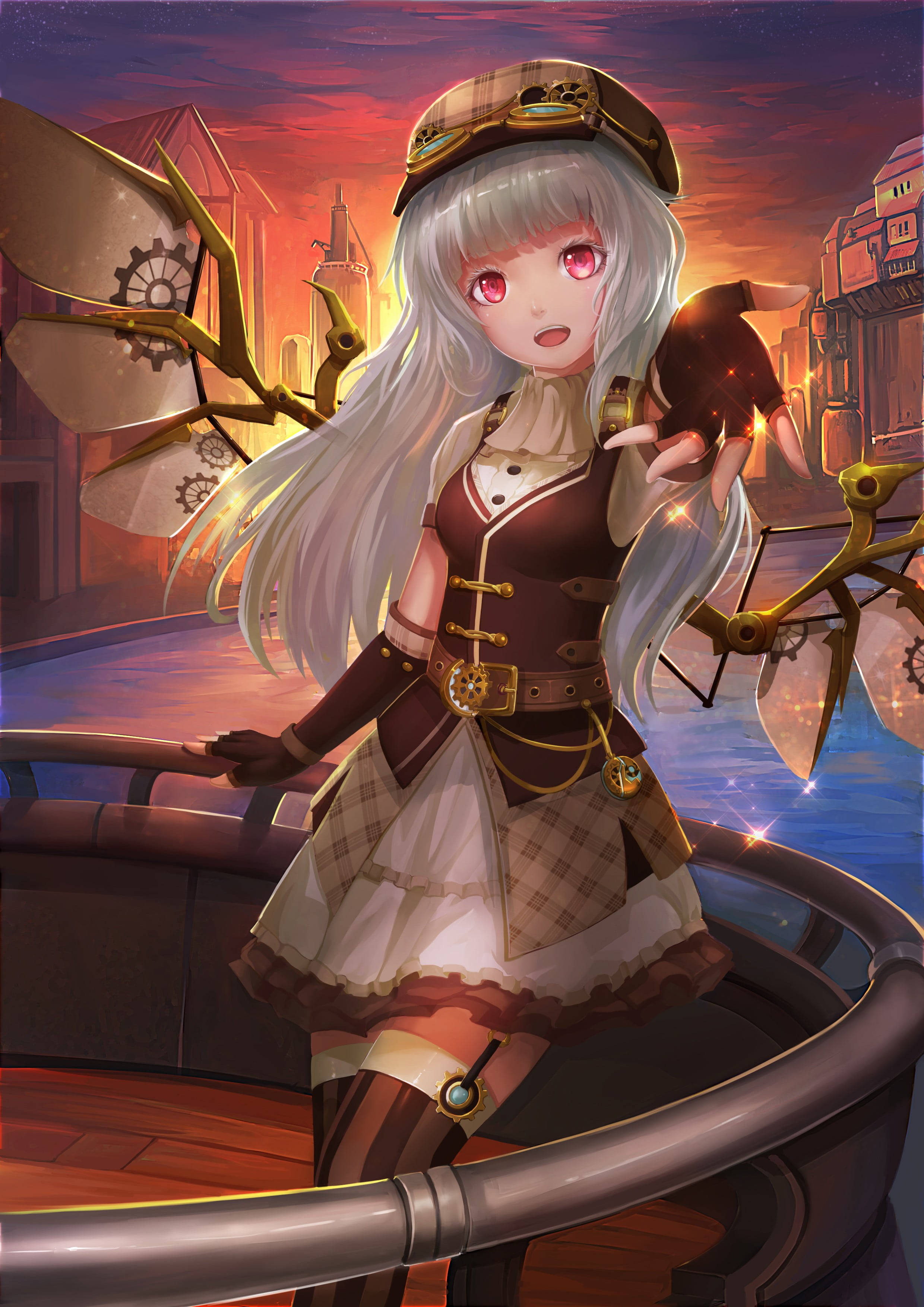 silver-haired anime girl, steampunk gear, boat, 2K Phone Wallpaper