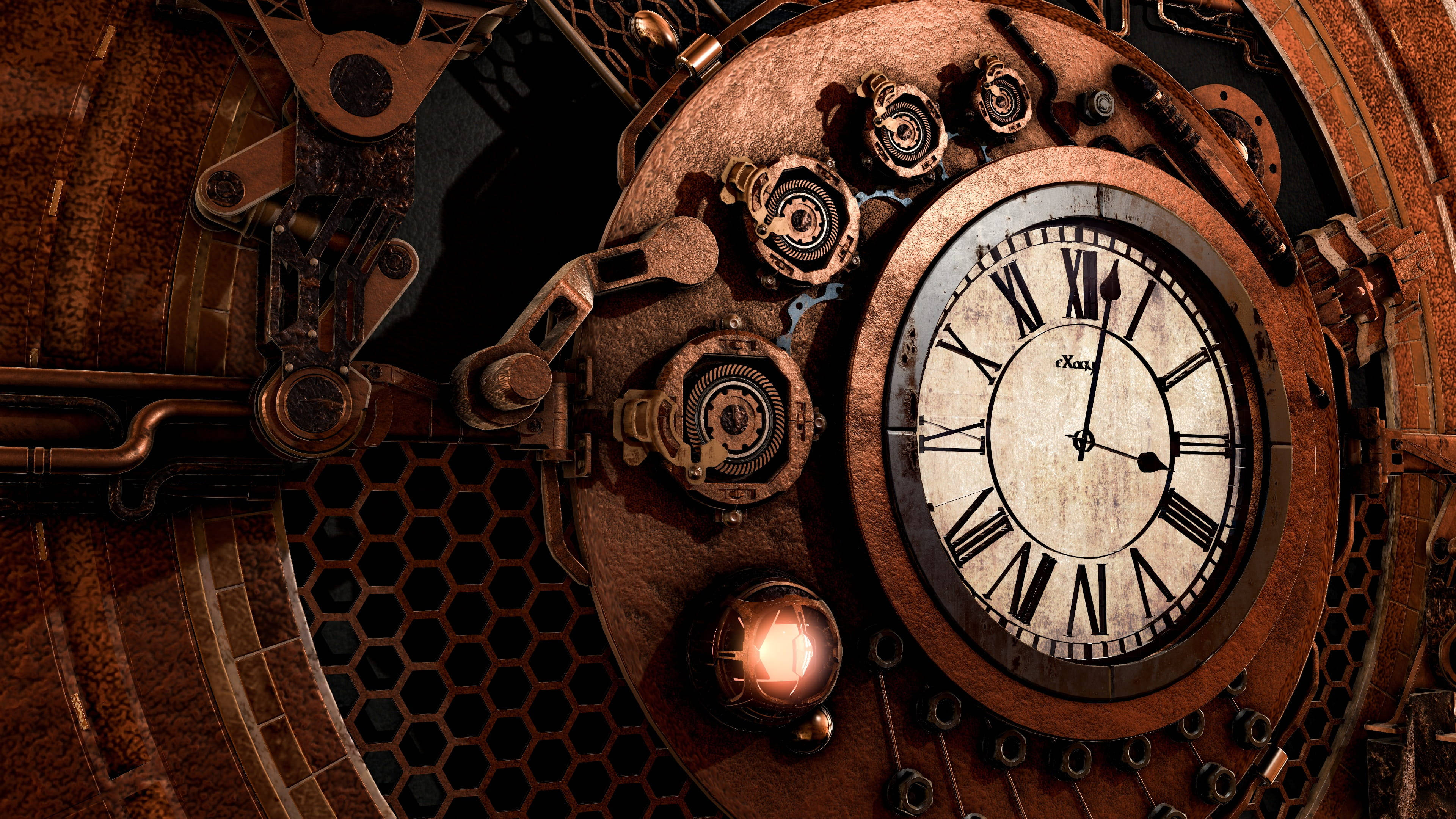 Full 4K Steampunk, brass clock, Roman numerals, 4K Desktop Wallpaper