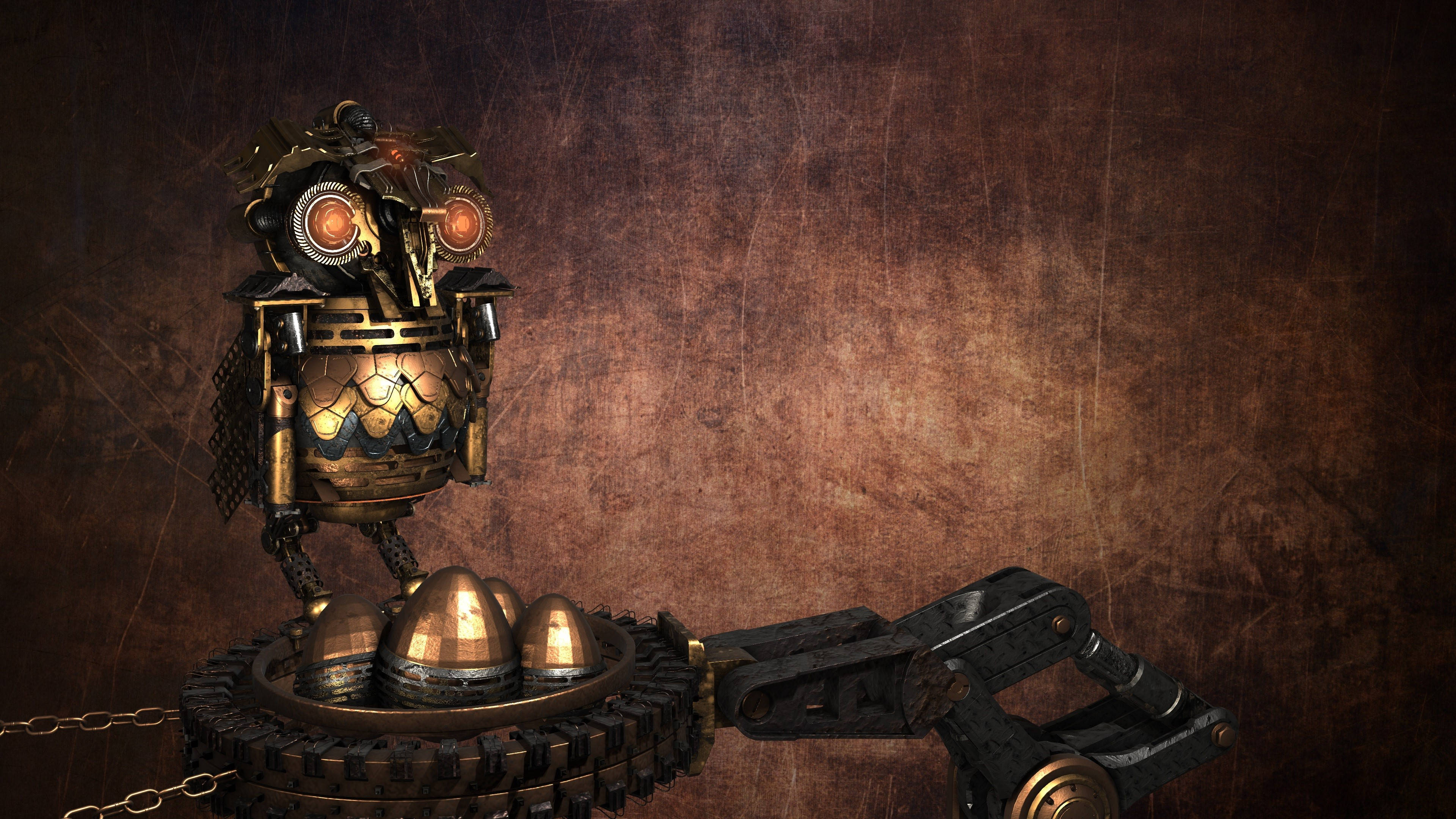 Full 4K Steampunk, mechanical owl, glowing orange eyes, 4K Desktop Wallpaper