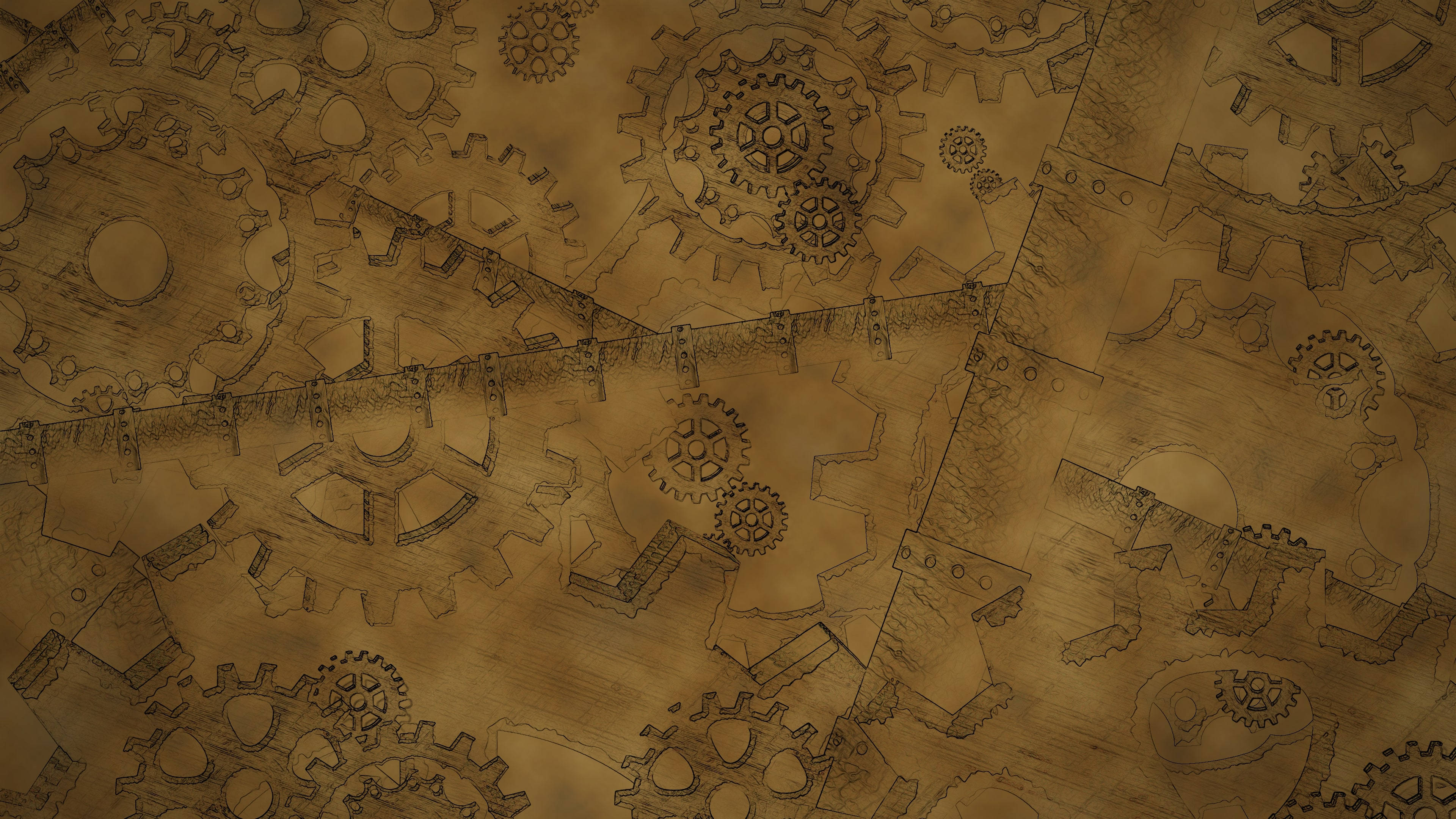 steampunk blueprint, aged parchment, sepia tones, 4K Desktop Wallpaper