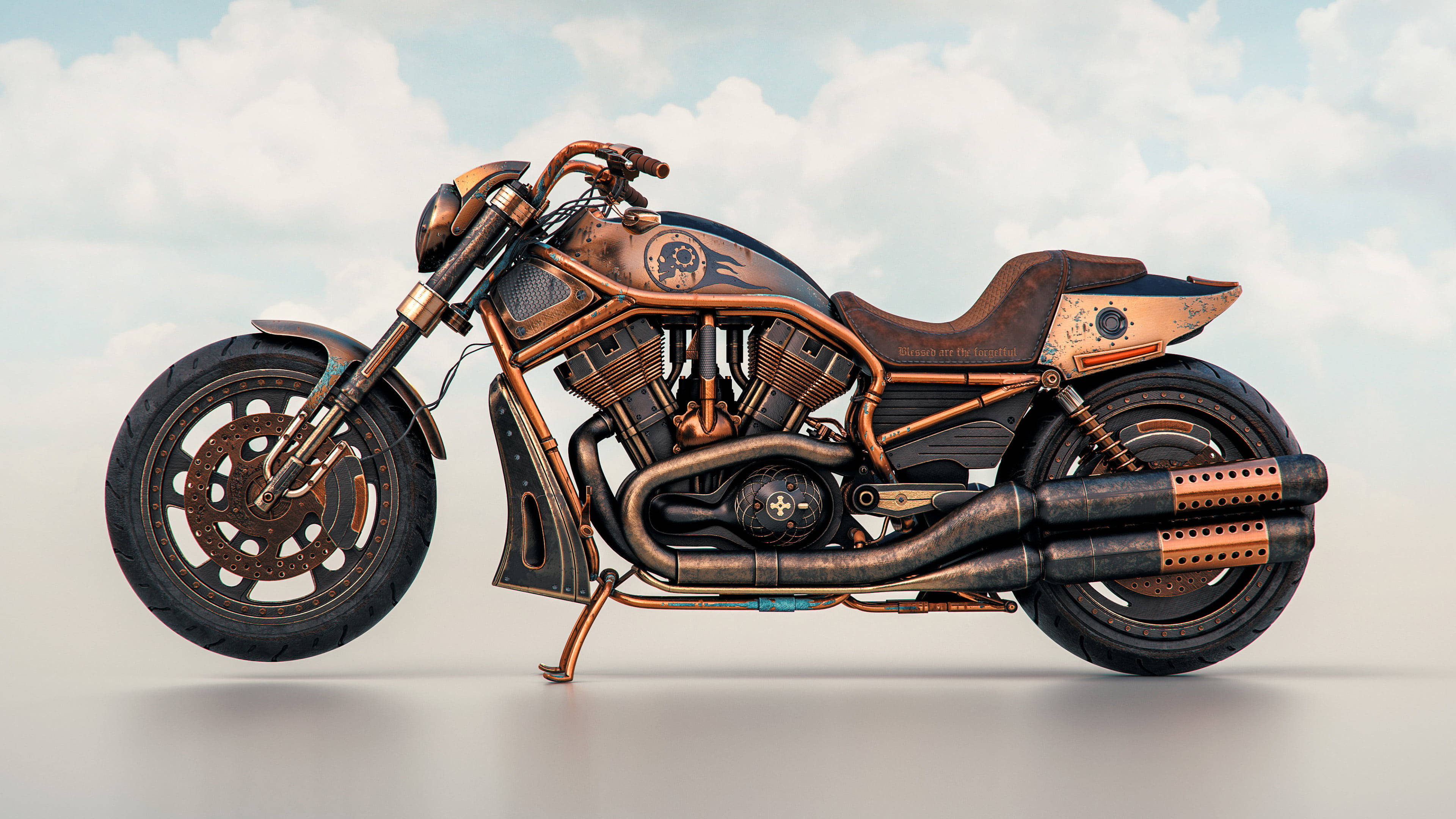 Full 4K Steampunk Motorbike, copper motorcycle, exposed pipes, 4K Desktop Wallpaper