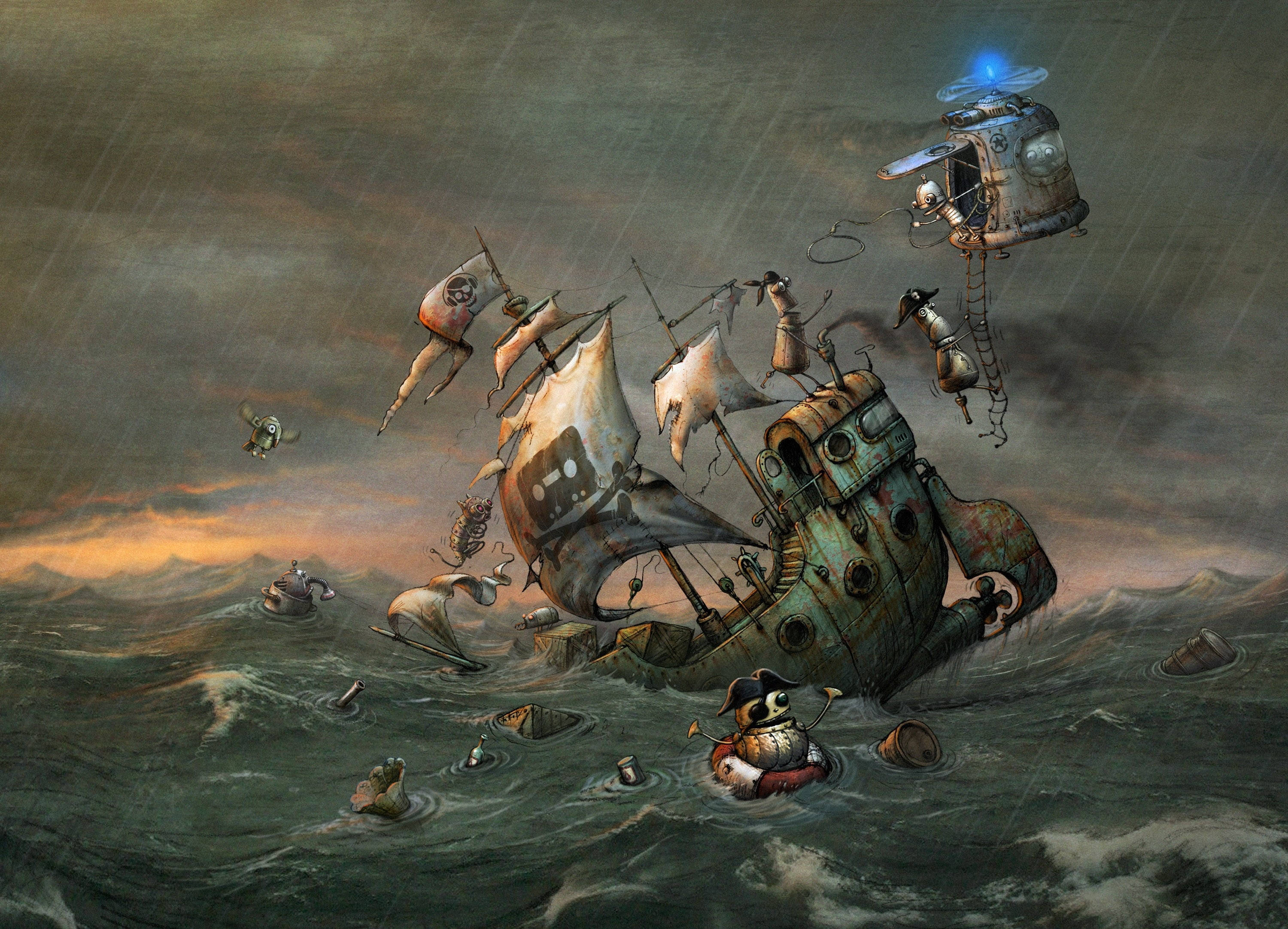 Full 4K Steampunk Pirate Robots, pirate ship, robotic crew, 2K Desktop Wallpaper