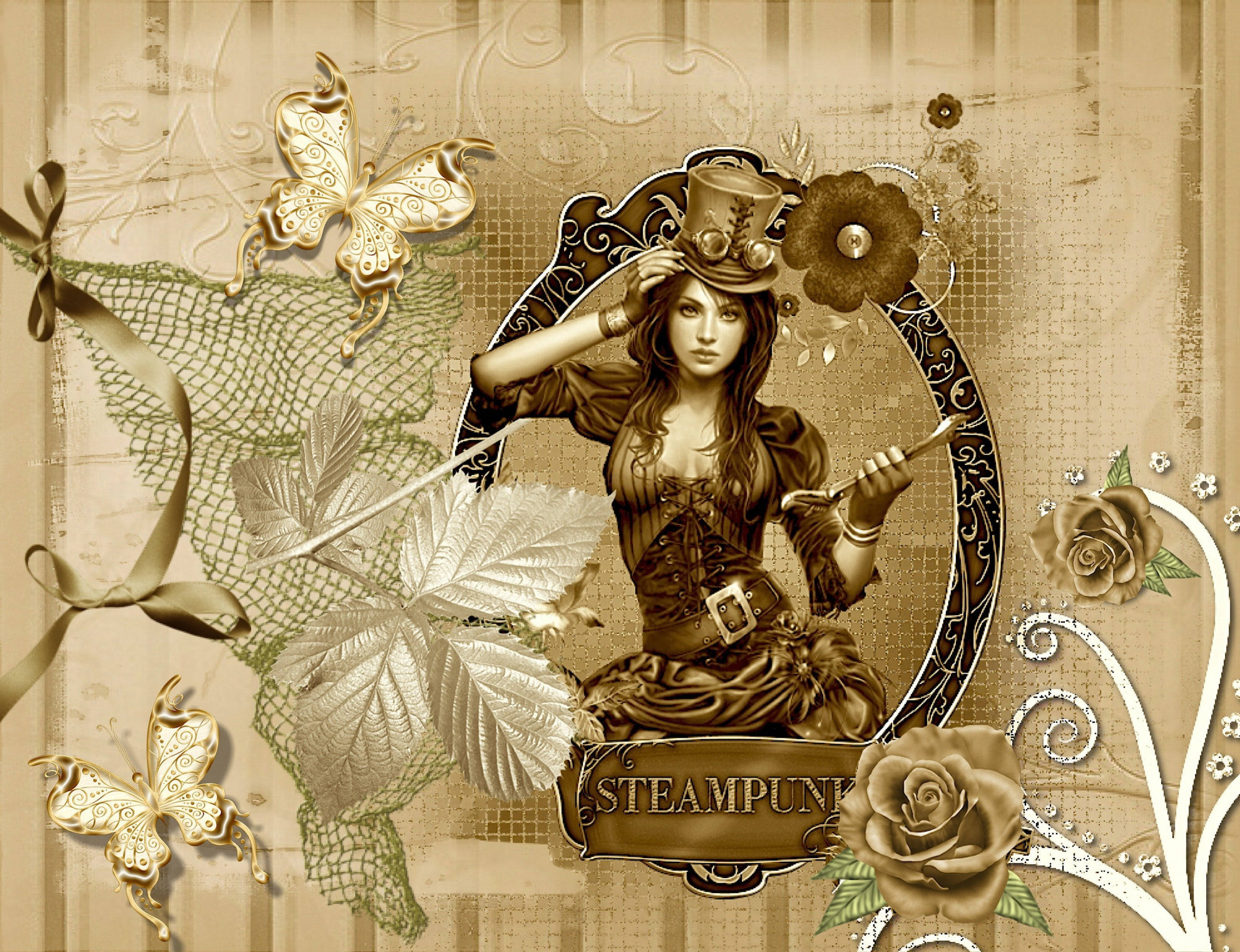 steampunk woman, top hat, corset, 2K Desktop Wallpaper