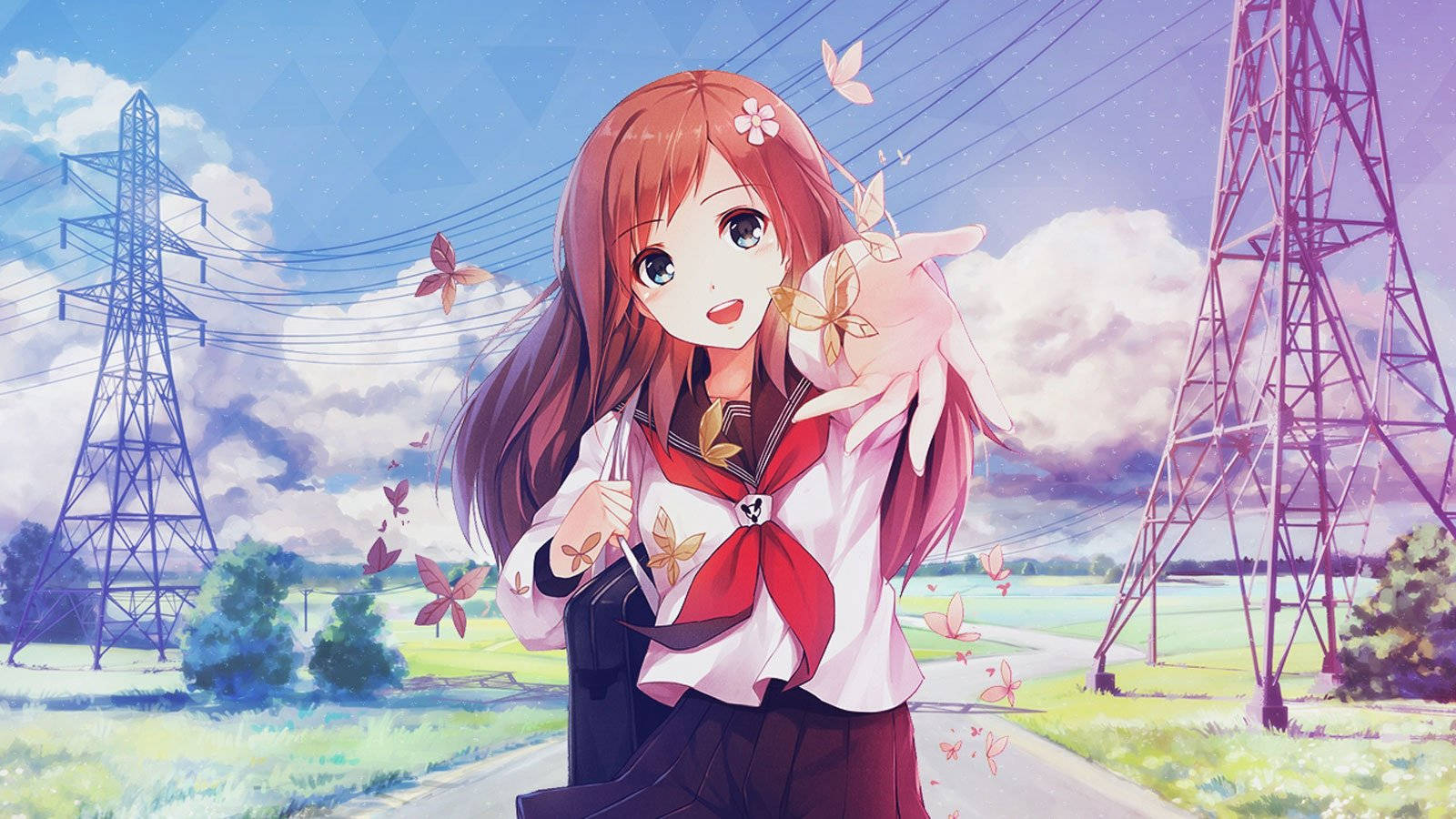 anime girl, school uniform, butterflies, HD Desktop Wallpaper
