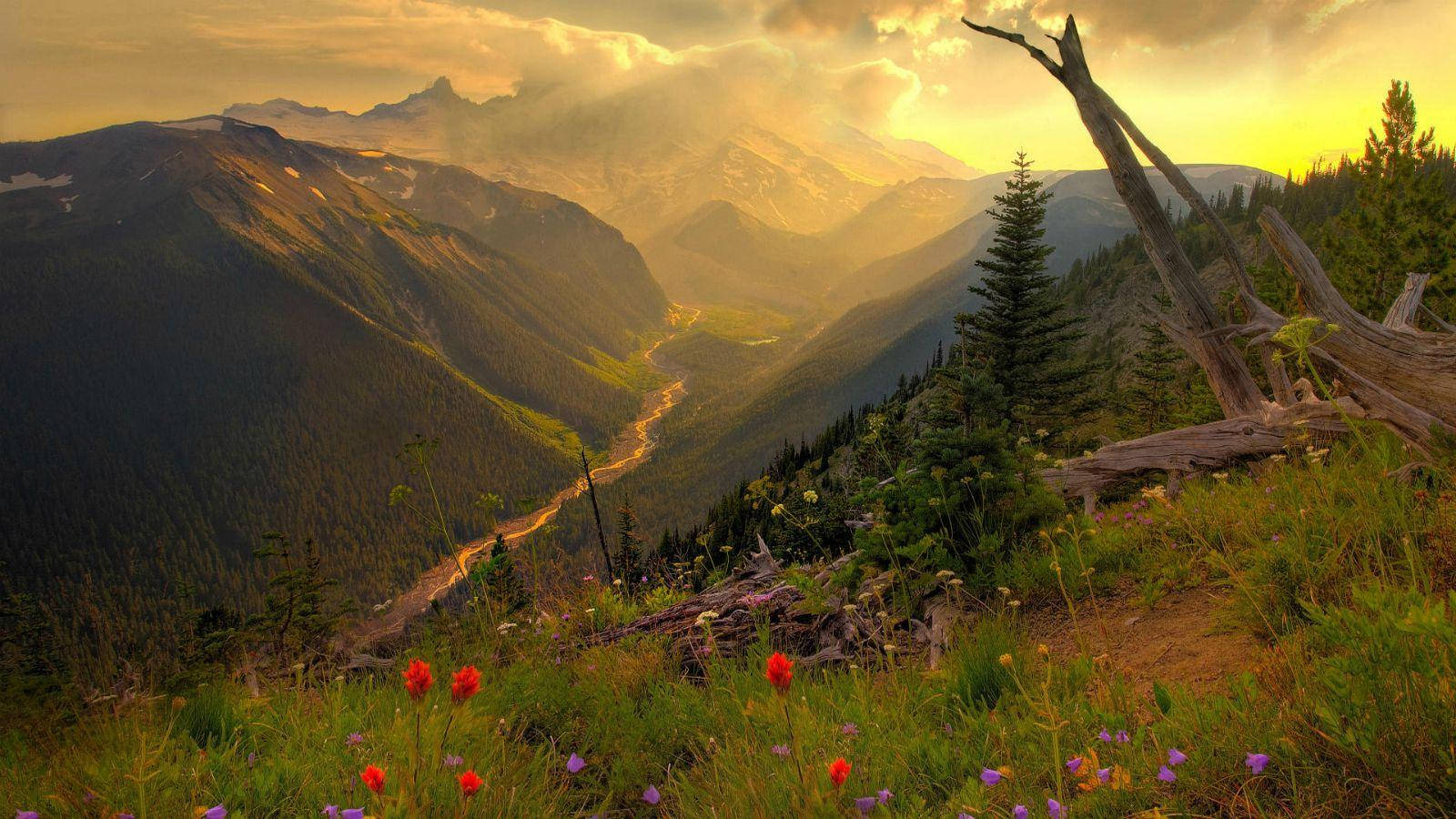 Mountain Trail, Golden sunset, clouds, HD Desktop Wallpaper