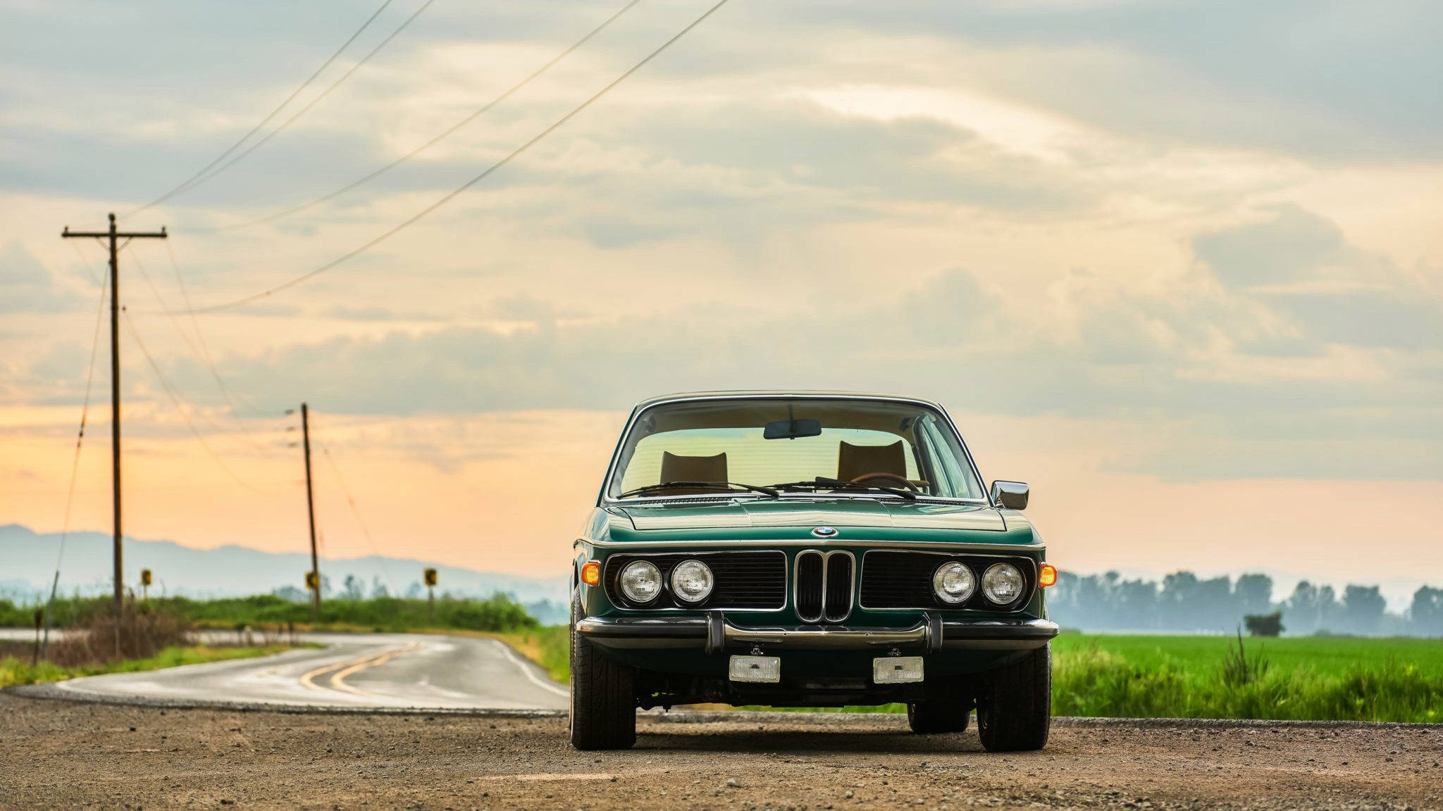green E9, BMW sedan, rural road, Full HD Desktop Wallpaper