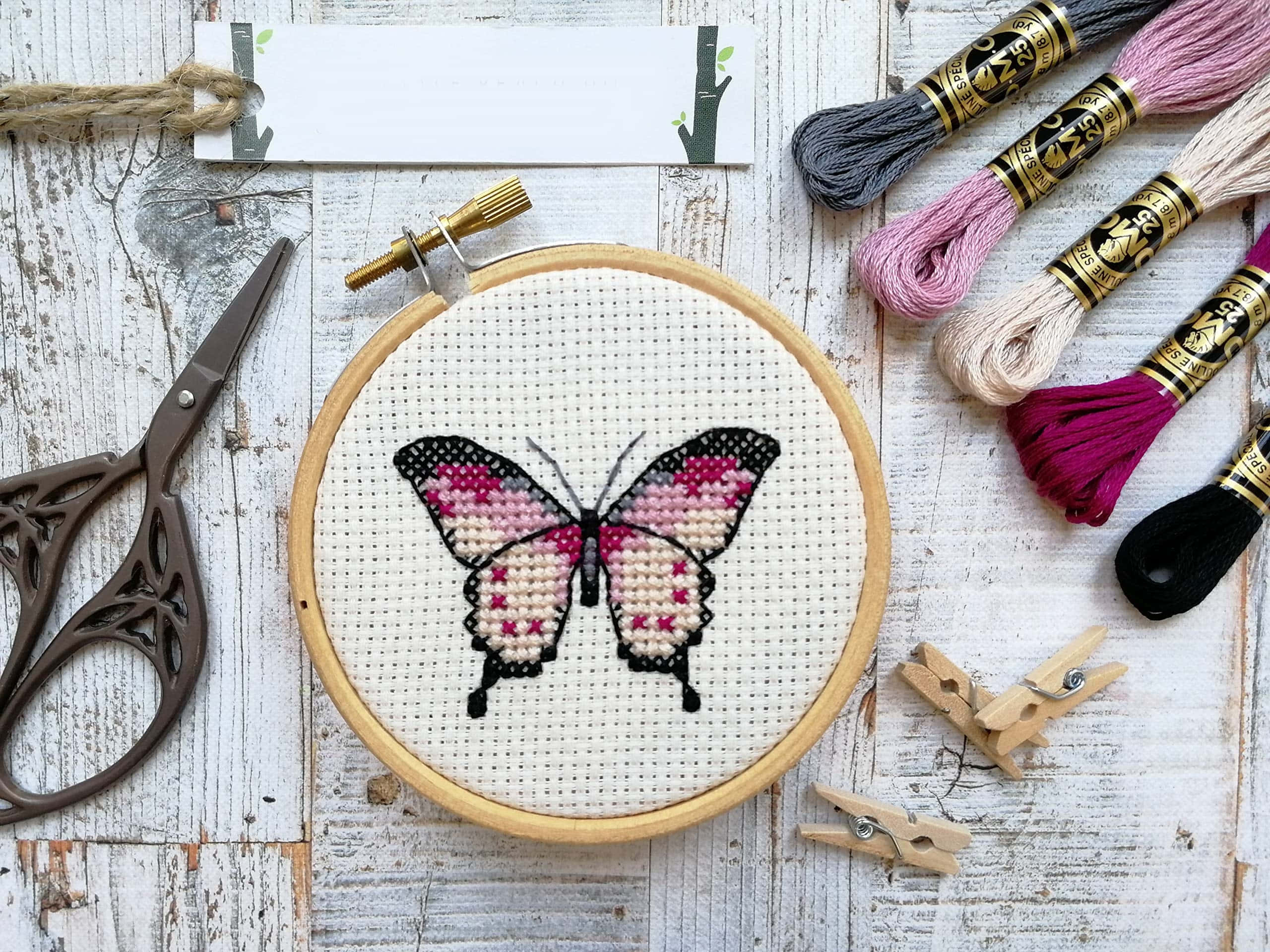 butterfly stitch, pink and black, embroidery hoop, 2K Desktop Wallpaper