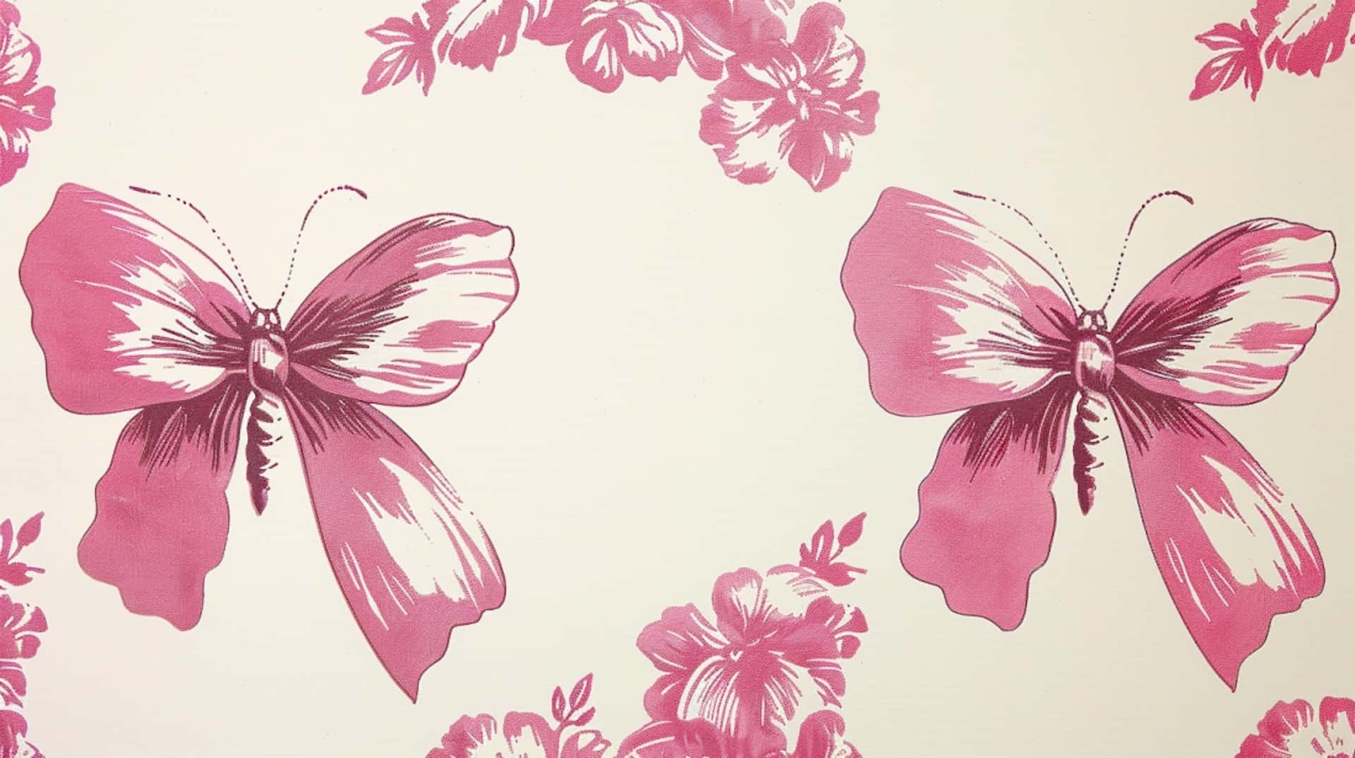 pink butterfly pattern, vintage illustrated pattern, floral motifs, Full HD Desktop Wallpaper