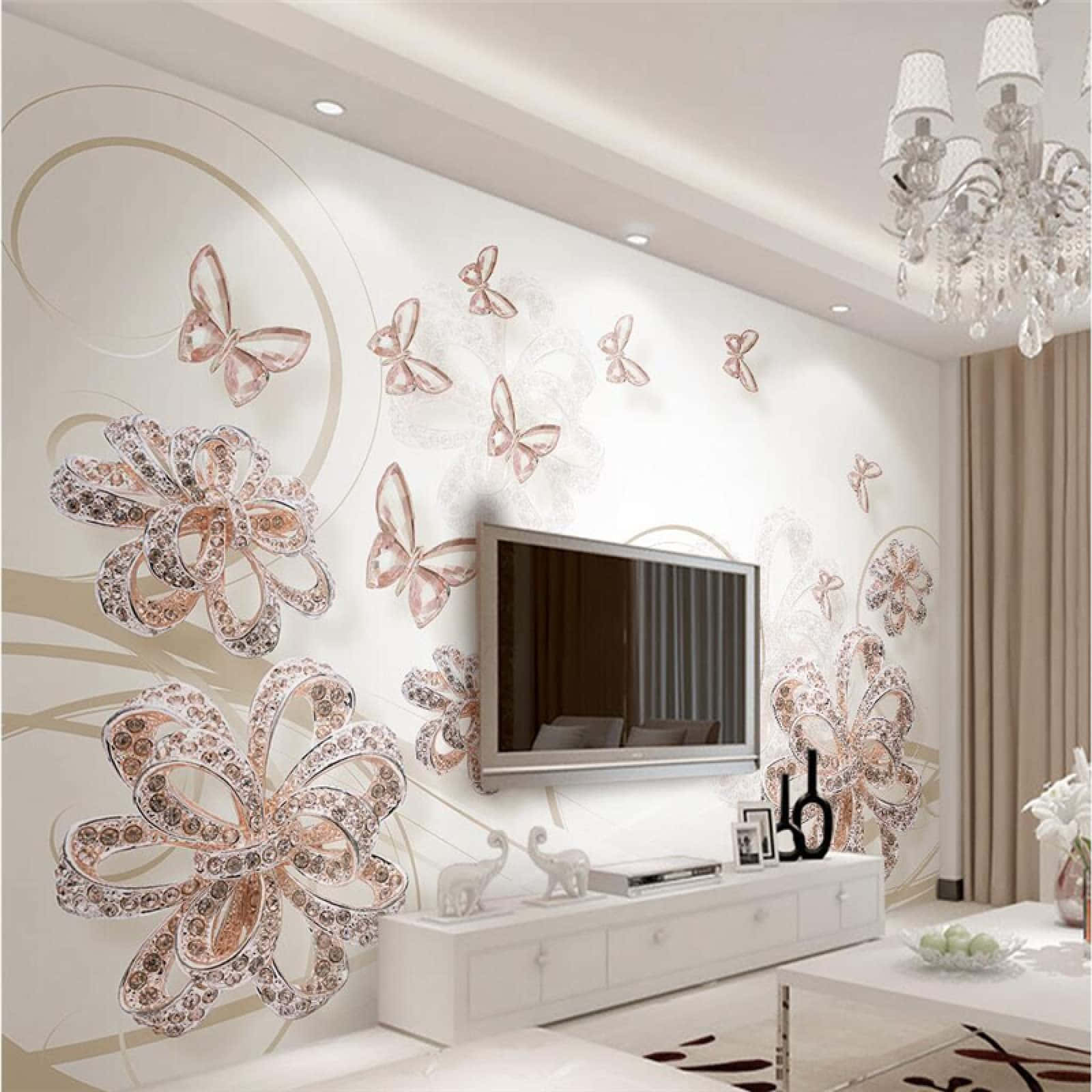 3D rose gold butterflies, crystal flowers, crystal chandelier, HD Desktop Wallpaper