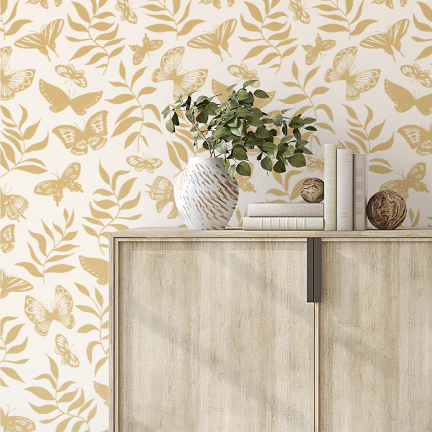 beige butterfly, light wood cabinet, green plant, HD Desktop Wallpaper