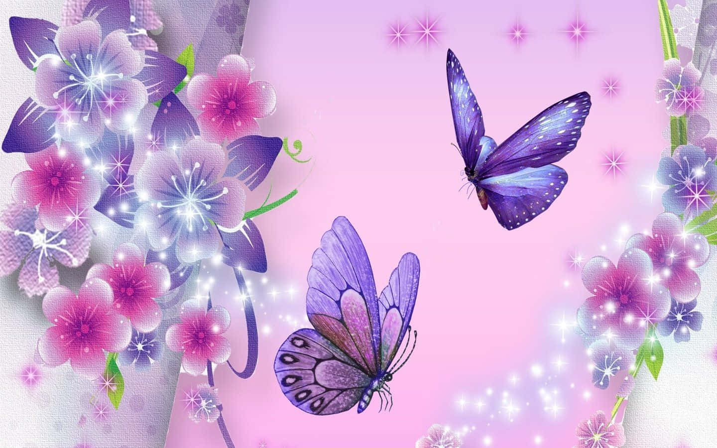 sparkling purple butterflies, glowing pink and purple flowers, soft pink background, HD Desktop Wallpaper