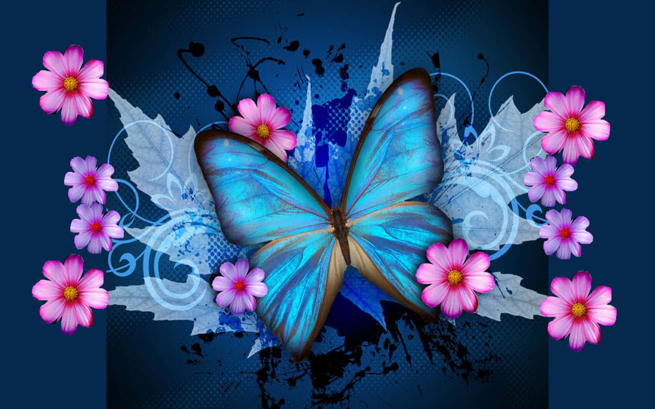 abstract blue butterfly, iridescent wings, pink flowers, HD Desktop Wallpaper
