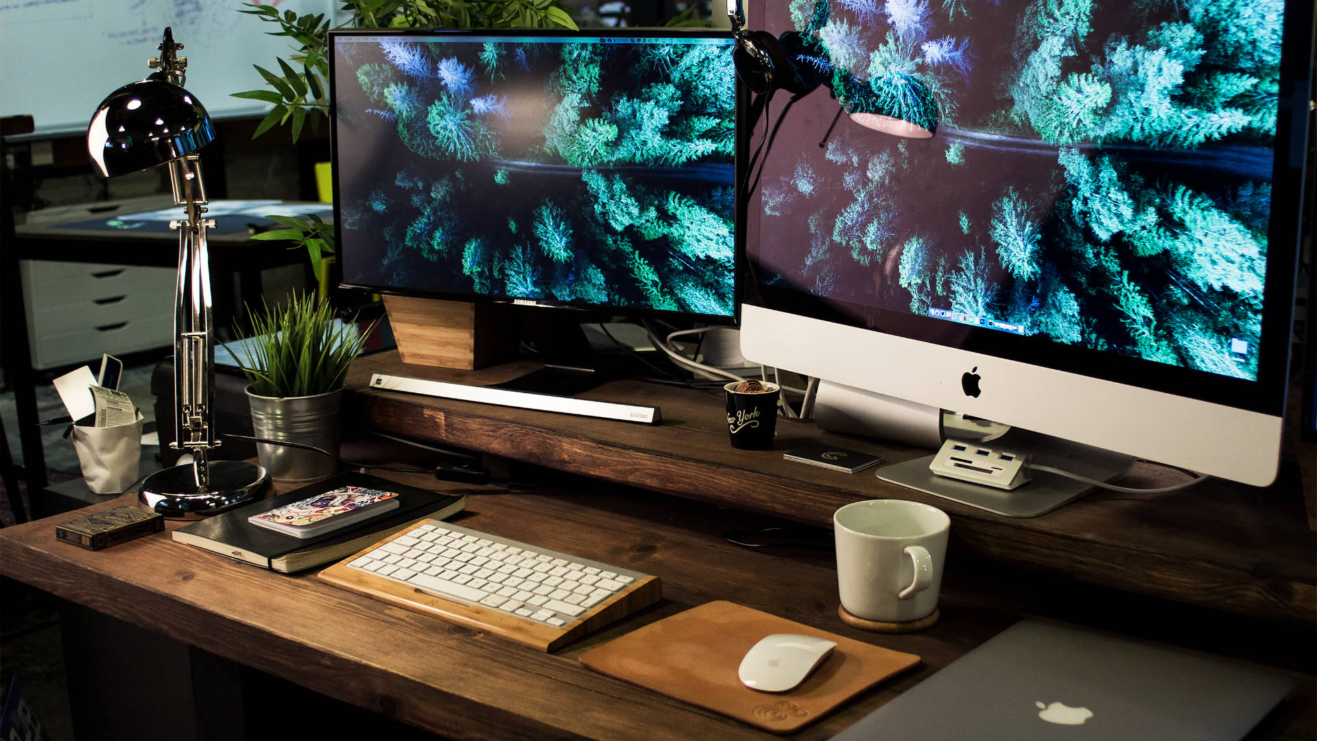 wood aesthetic, dual monitors, vibrant teal coral wallpapers, Full HD Desktop Wallpaper