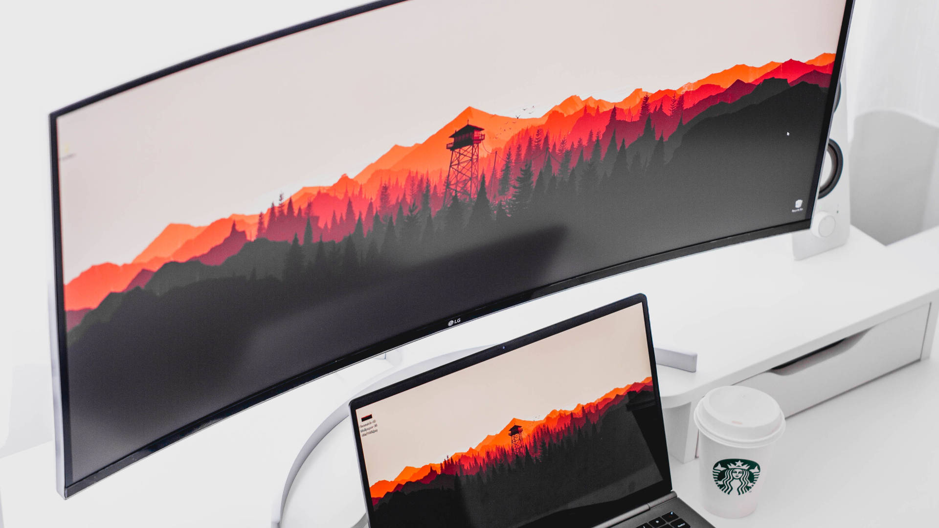 curved monitor, laptop, vibrant orange mountain range, Full HD Desktop Wallpaper