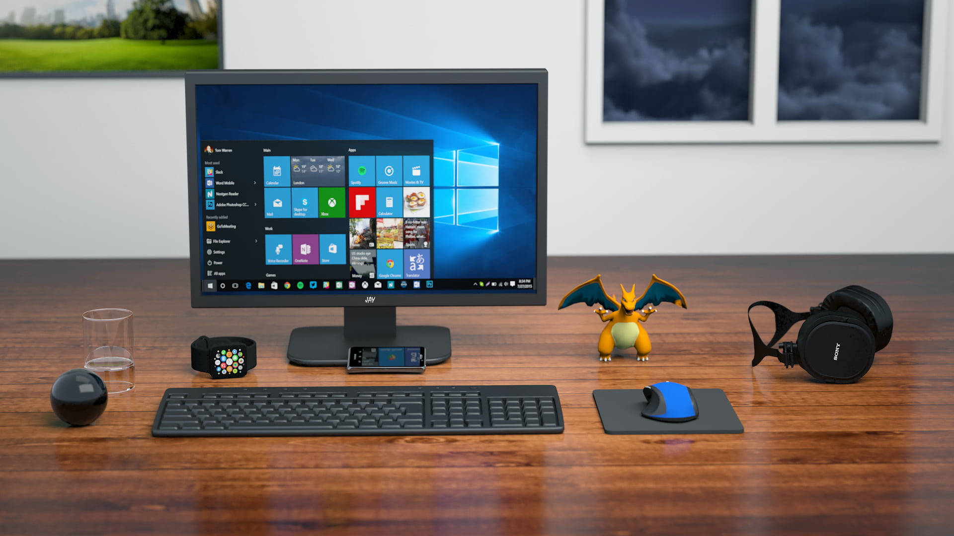 Windows computer monitor, start menu, gaming gear, Full HD Desktop Wallpaper