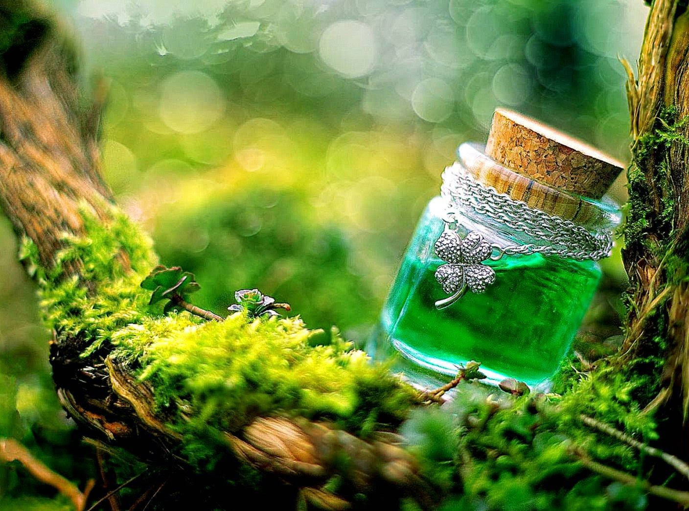 four leaf clover potion, glass bottle, glowing green liquid, HD Desktop Wallpaper