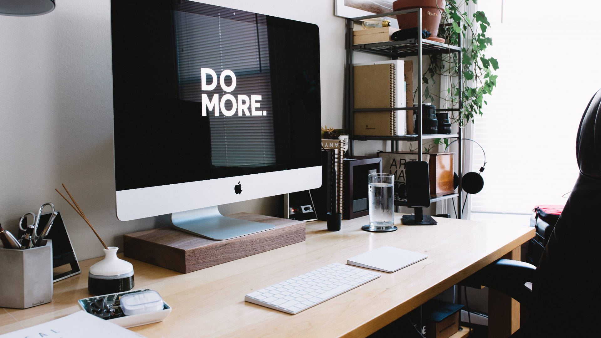 iMac, DO MORE, minimalist home office desk, Full HD Desktop Wallpaper
