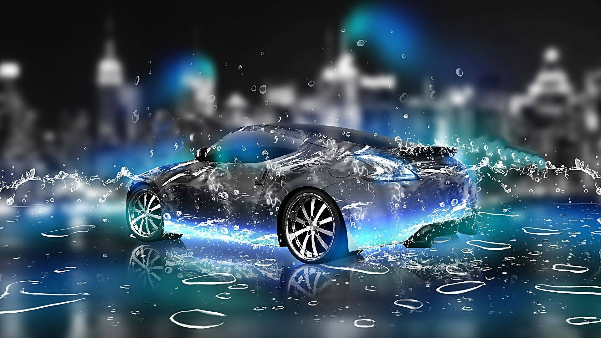 wet silver car, glowing blue water, blurred city skyline, Full HD Desktop Wallpaper