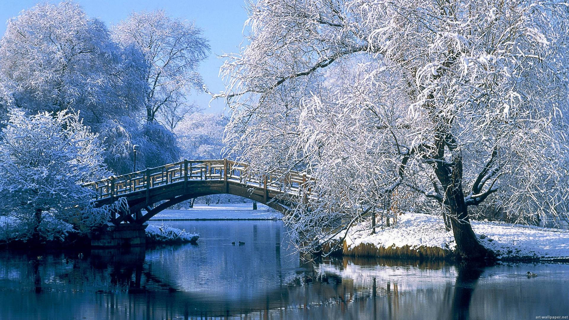 wooden bridge, calm river, snow-covered trees, Full HD Desktop Wallpaper