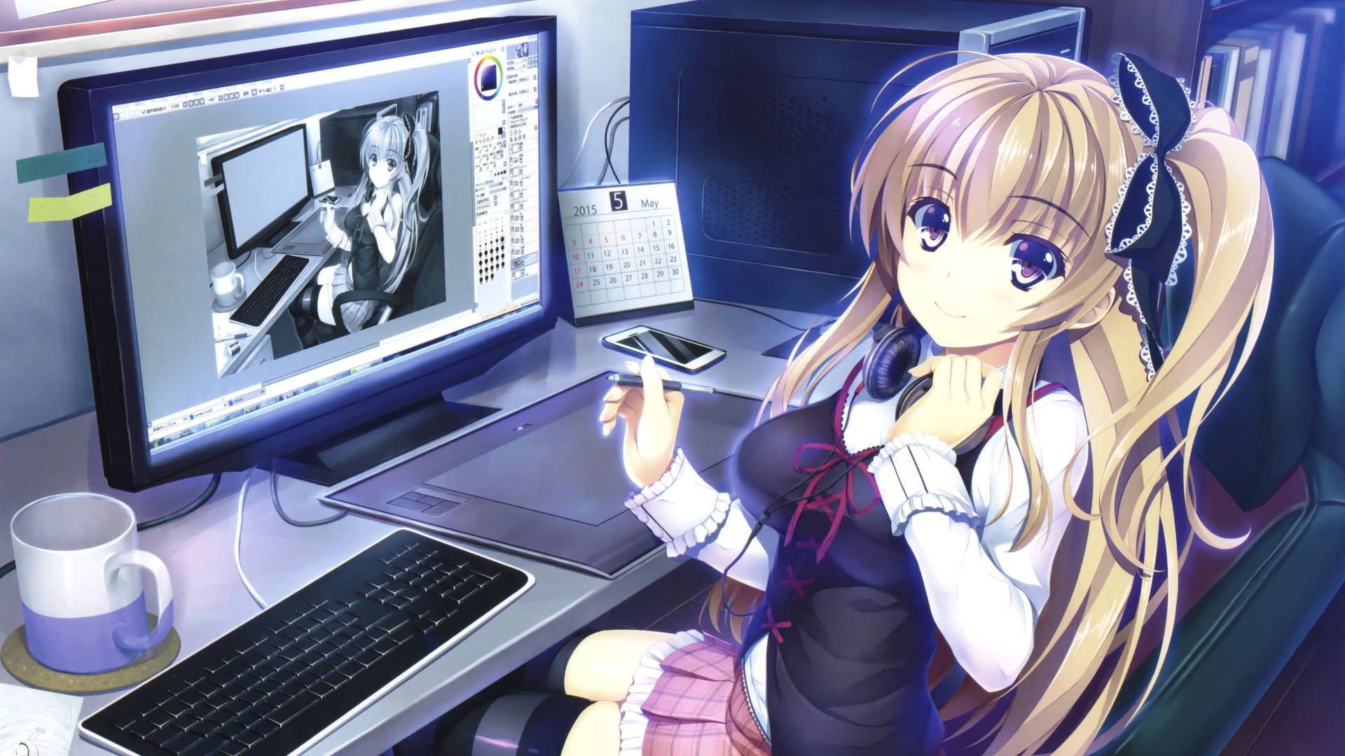 anime girl, long blonde hair, digital art, Full HD Desktop Wallpaper