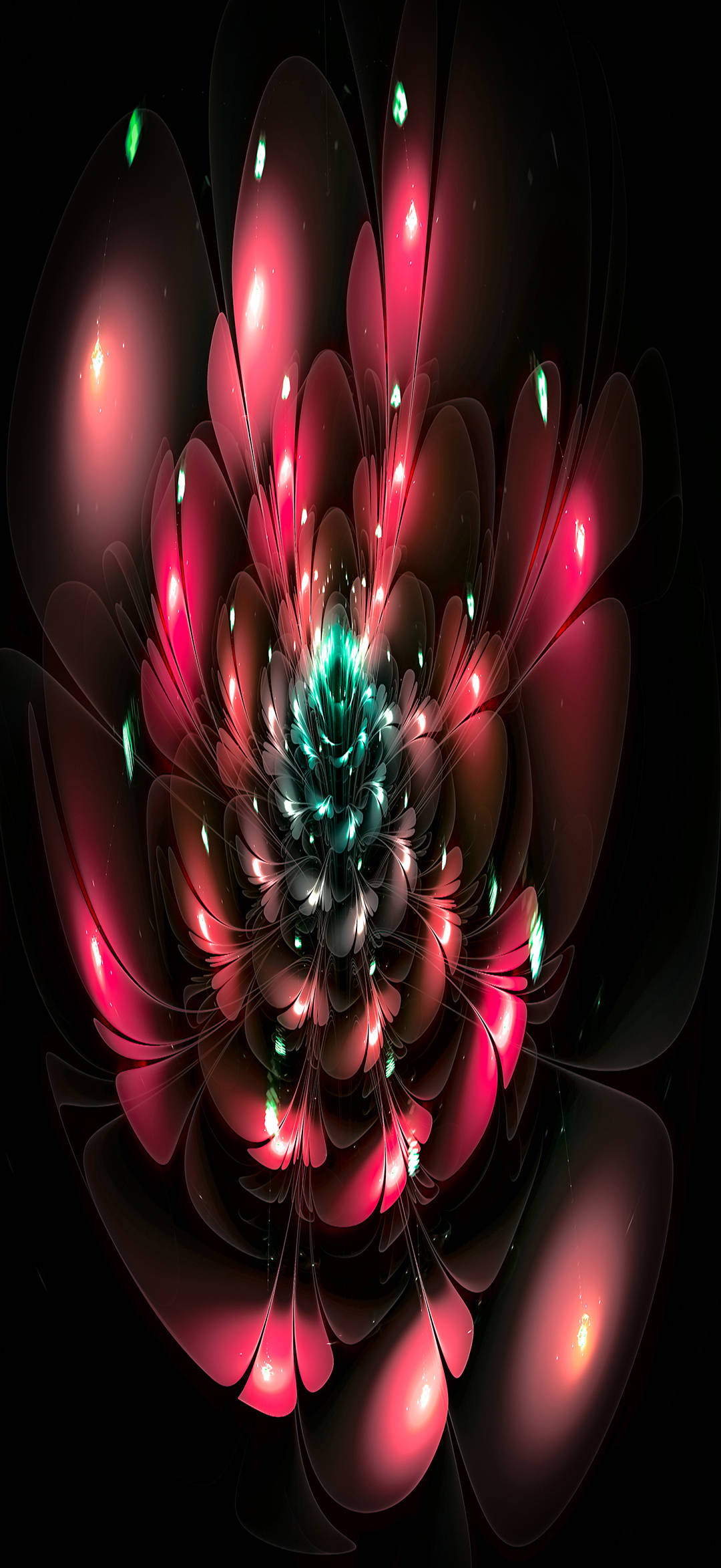 red fractal flower, glowing pink petals, teal core, Full HD Phone Wallpaper