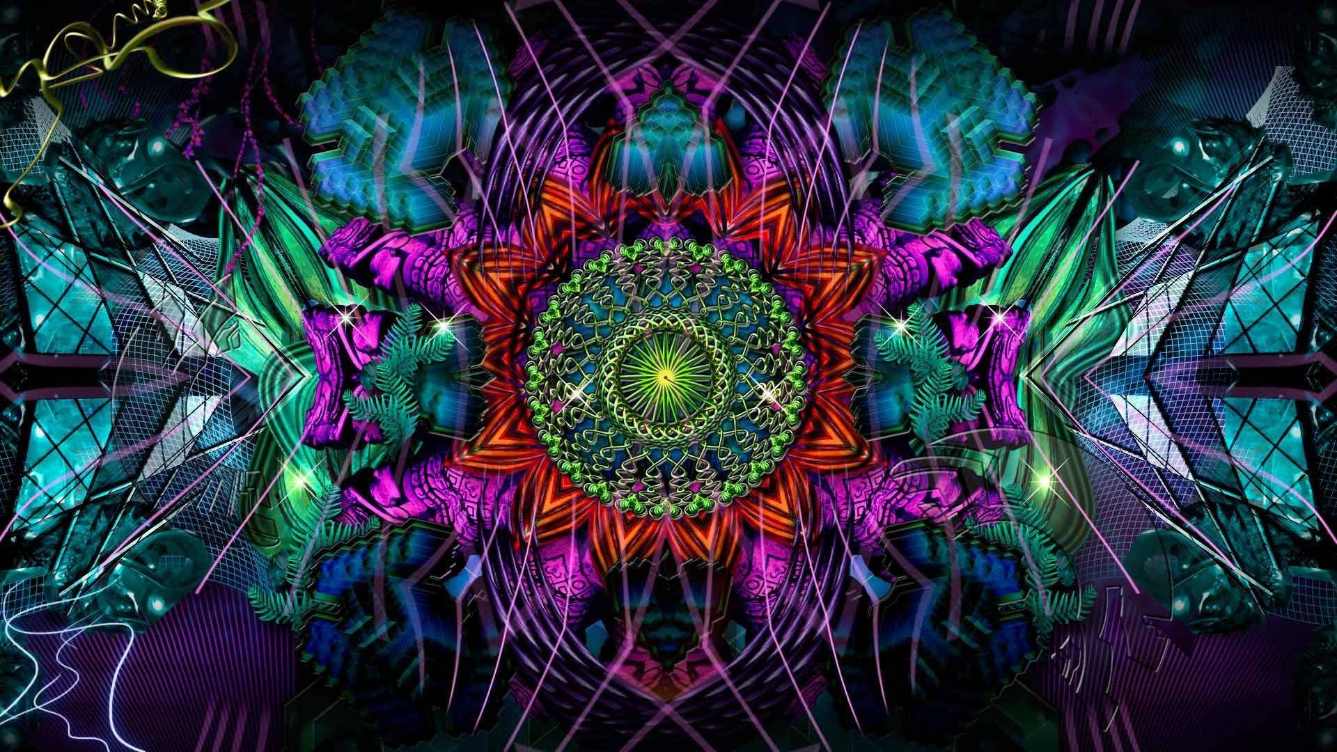 Full HD Tablet, neon fractal mandala, glowing green center, Full HD Desktop Wallpaper