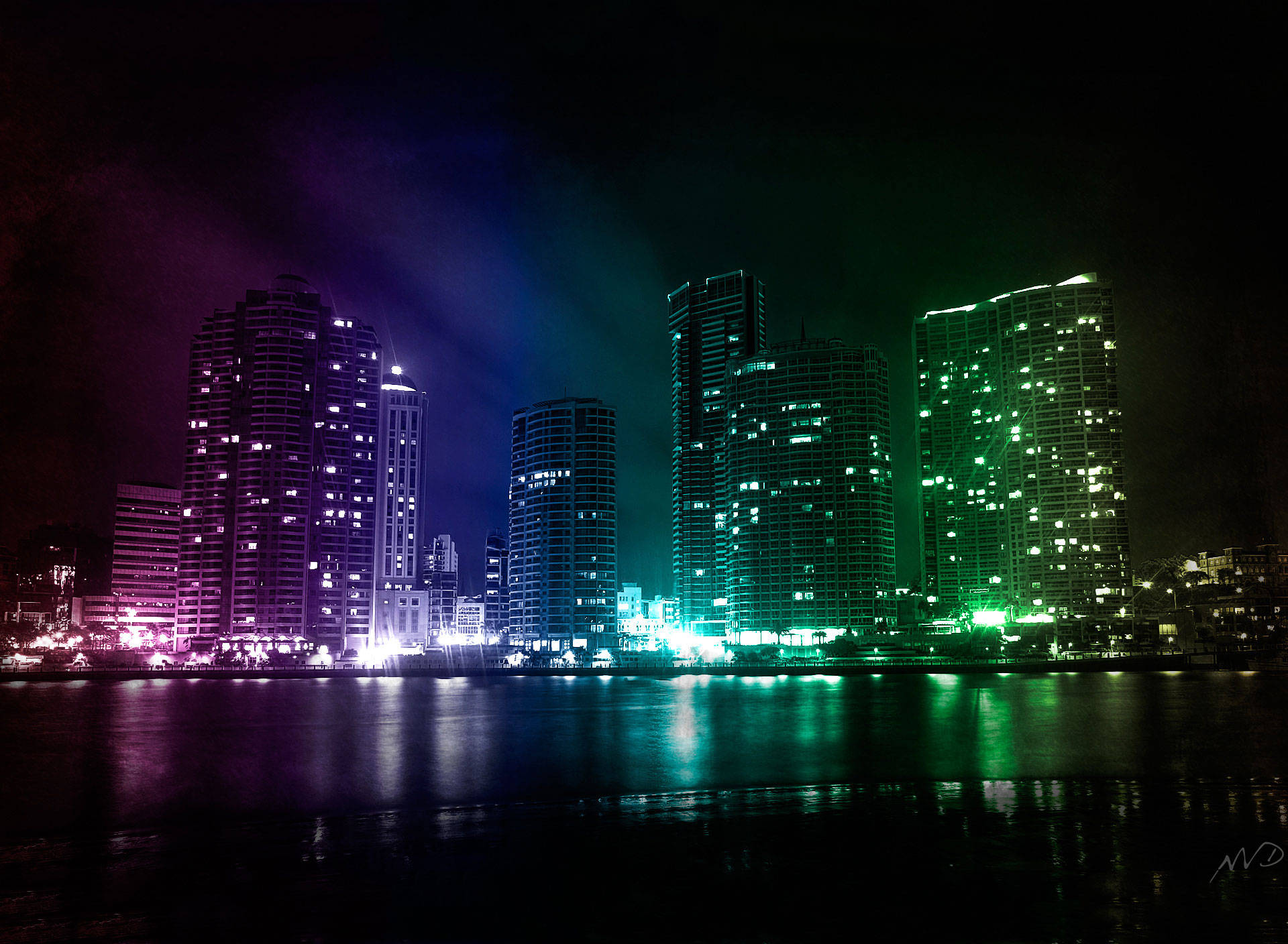 Full HD Tablet, Night Cityscape, purple lights, Full HD Desktop Wallpaper