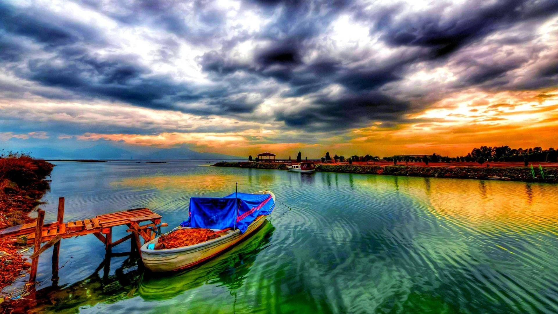 Full HD Tablet, sea boat, sunset, Full HD Desktop Wallpaper